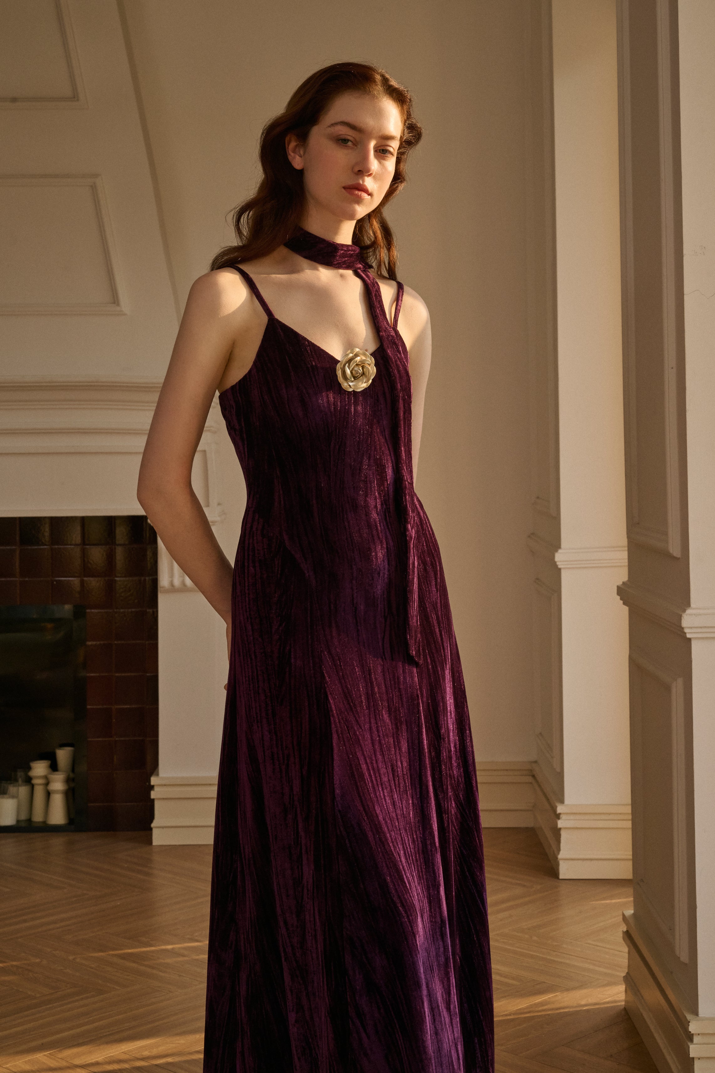 Velvet spaghetti strap maxi dress