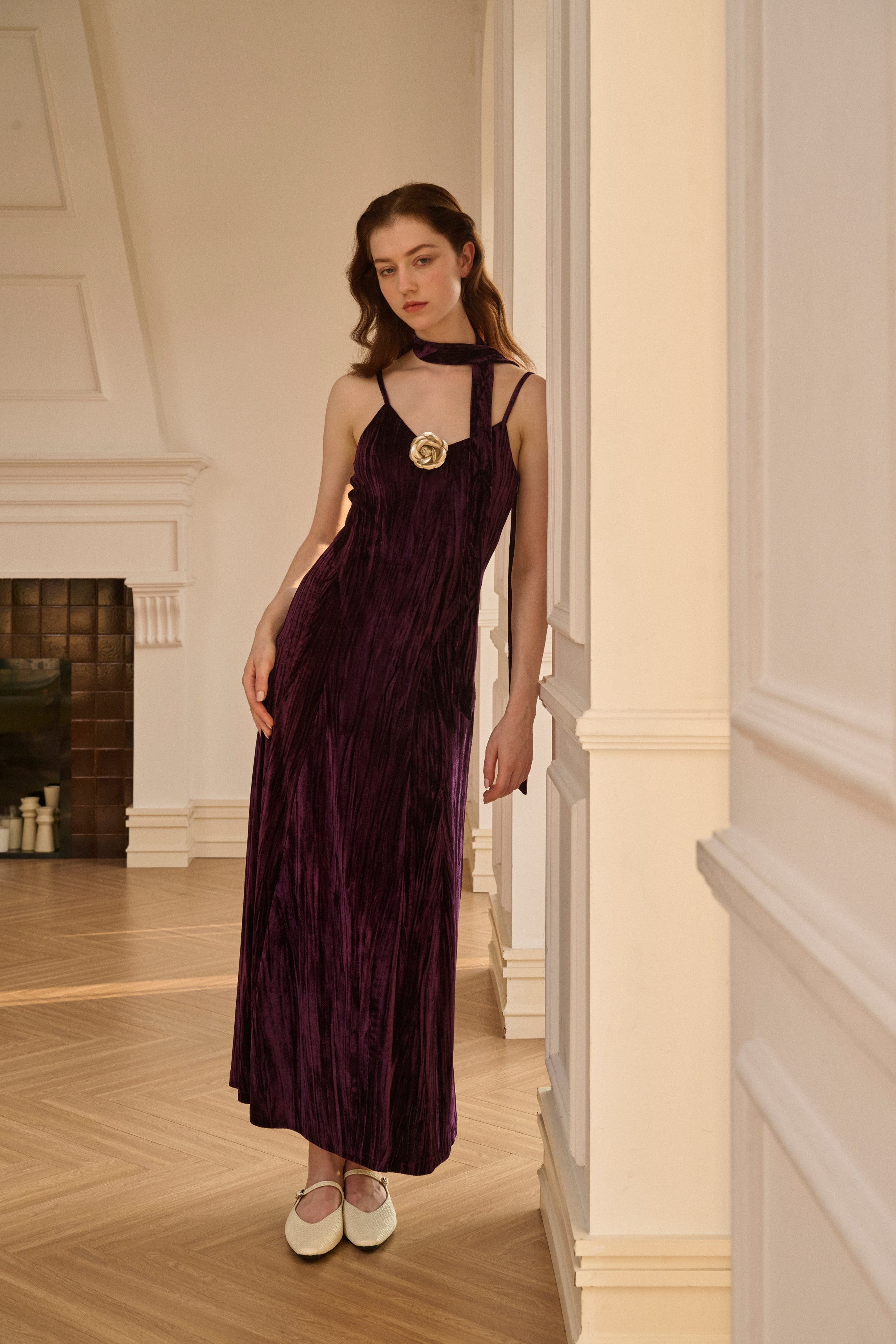 Velvet spaghetti strap maxi dress