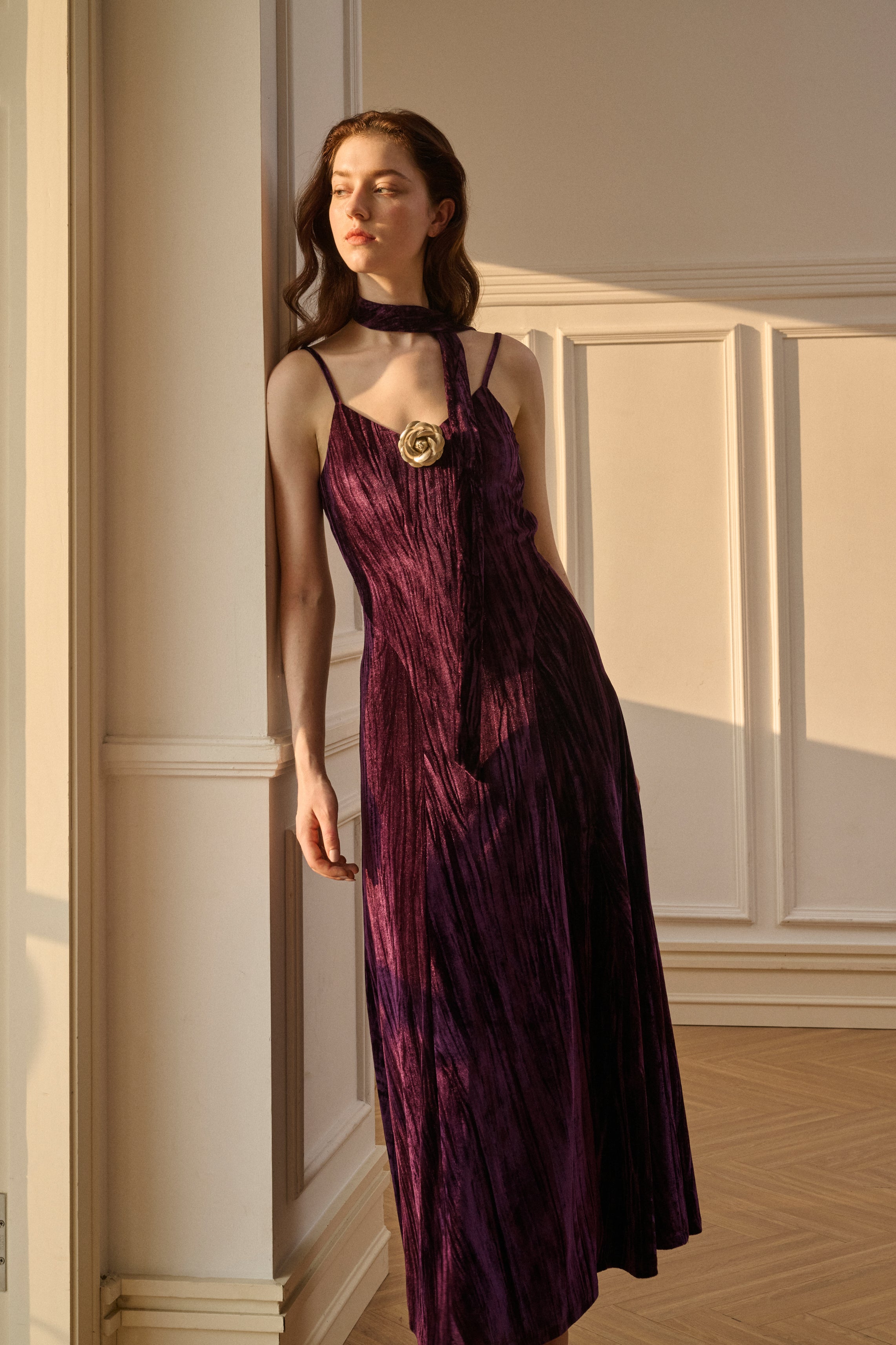 Velvet spaghetti strap maxi dress