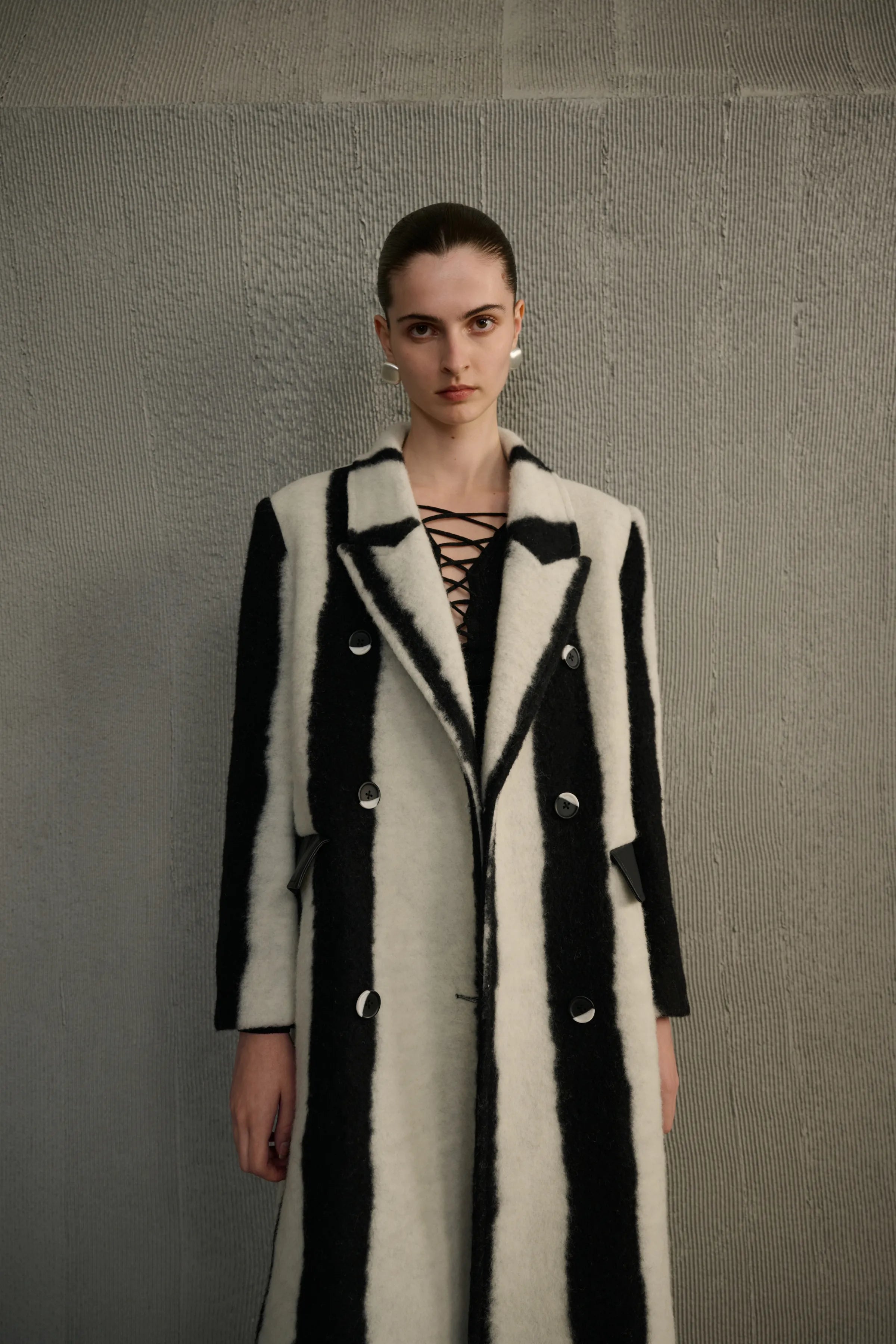 Contrast striped wool coat