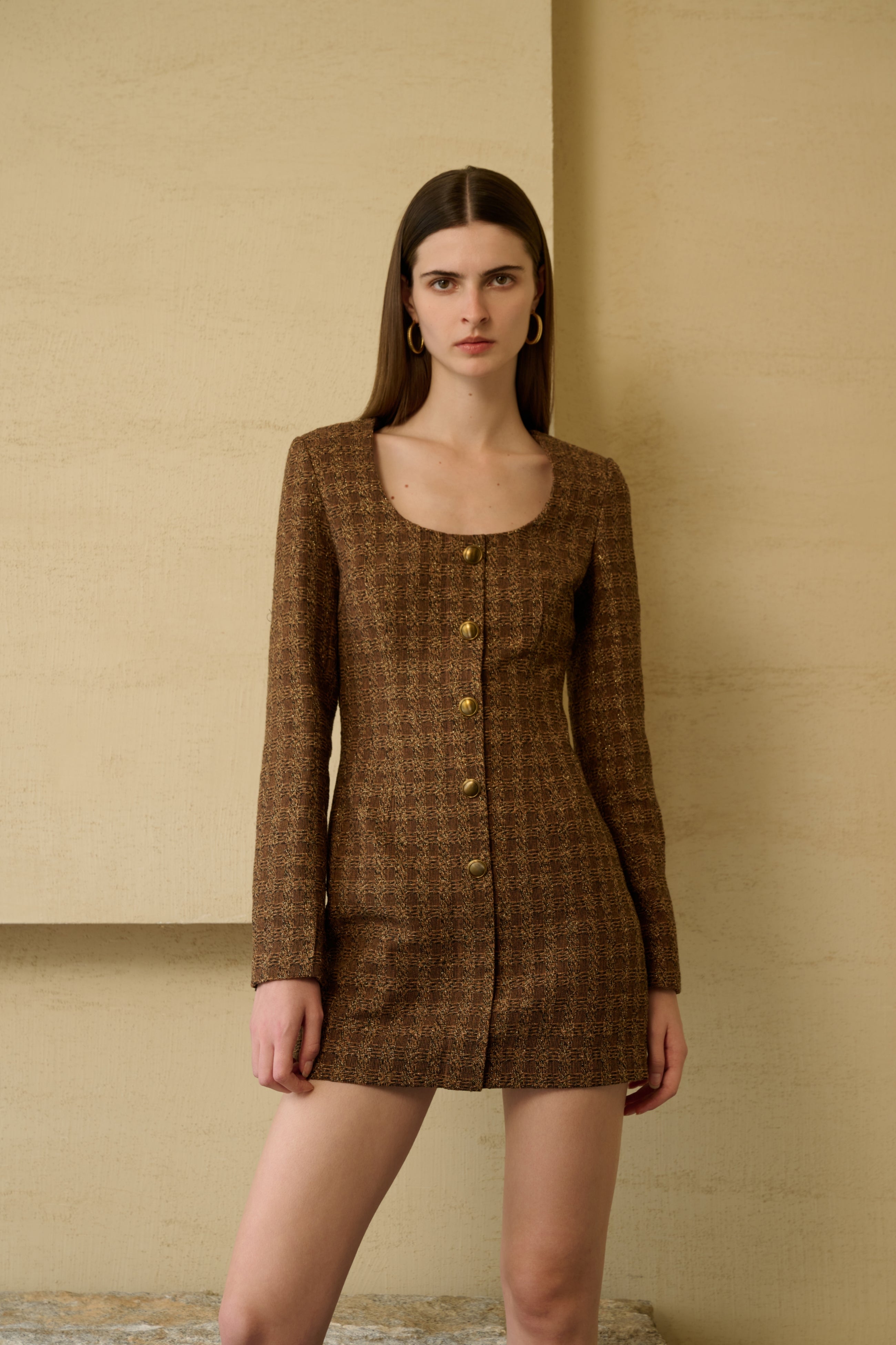 brown tweed dress Brown Puff Sleeve Tweed Mini Dress M