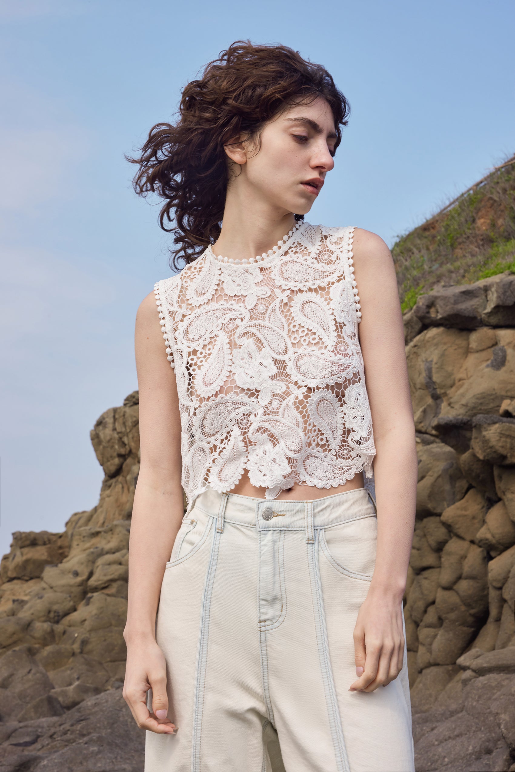 Sleeveless lace cropped top