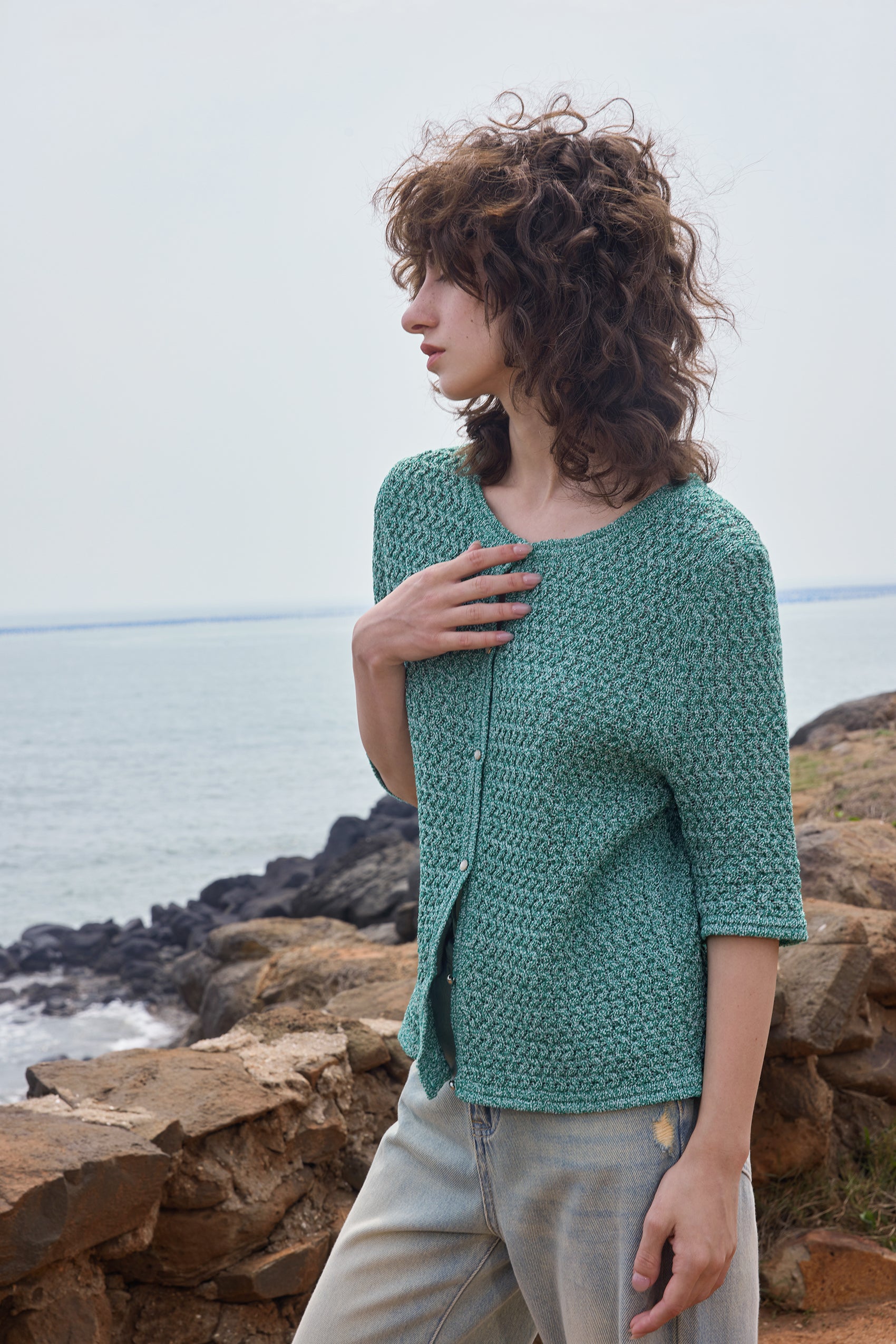 Elbow sleeve marled knit cardigan