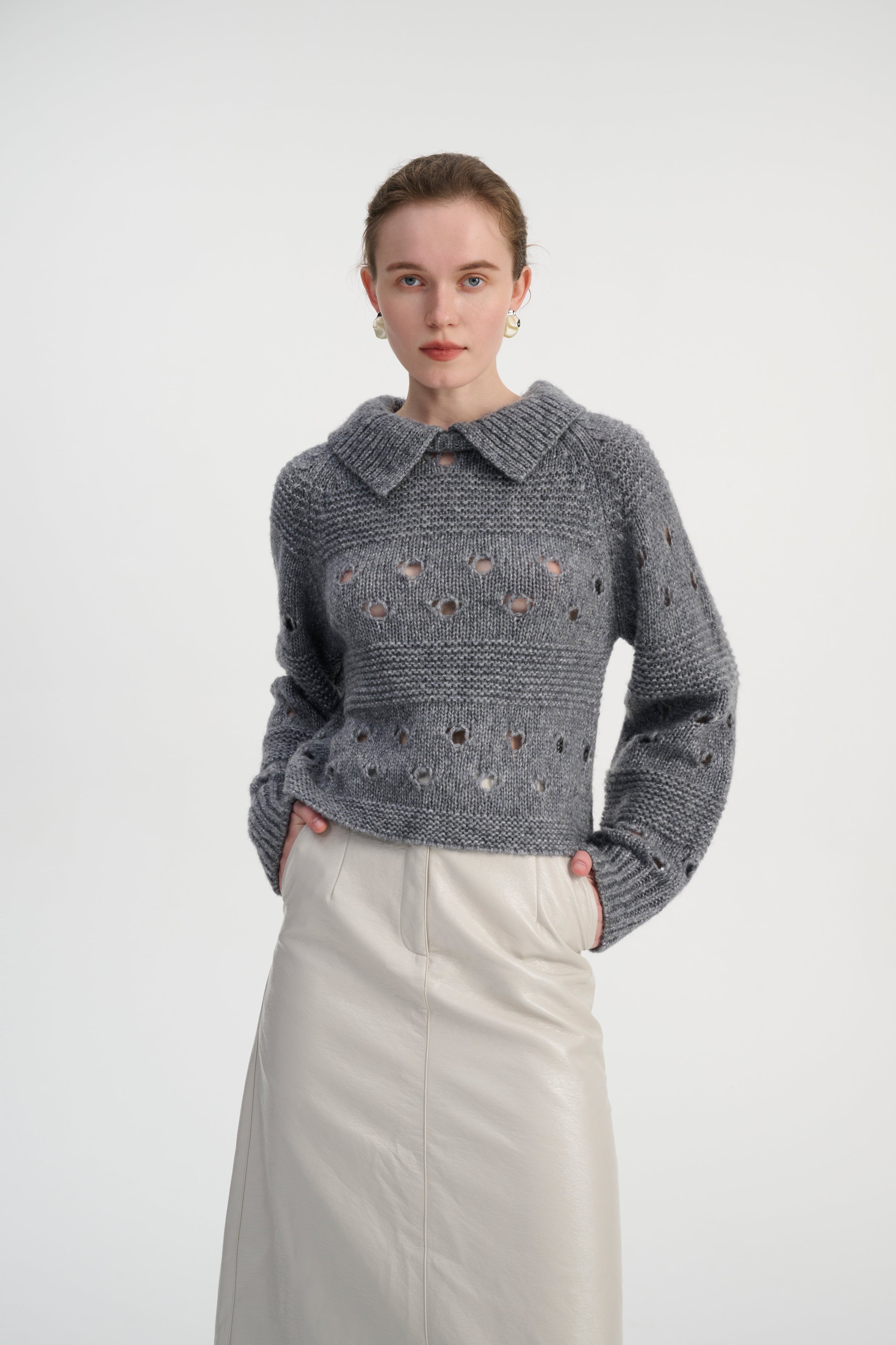 Collared open knit sweater