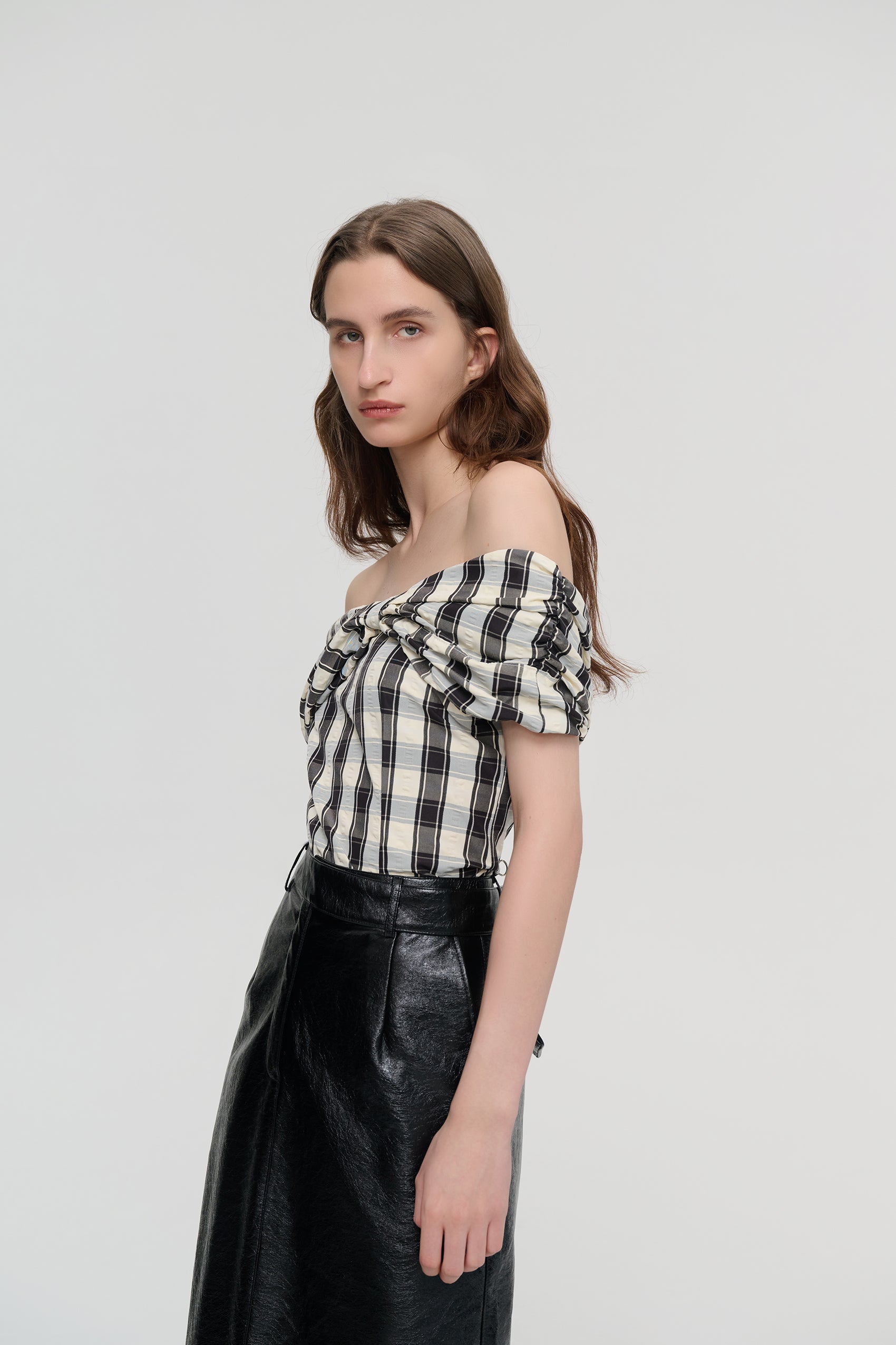 Off-shoulder check print top