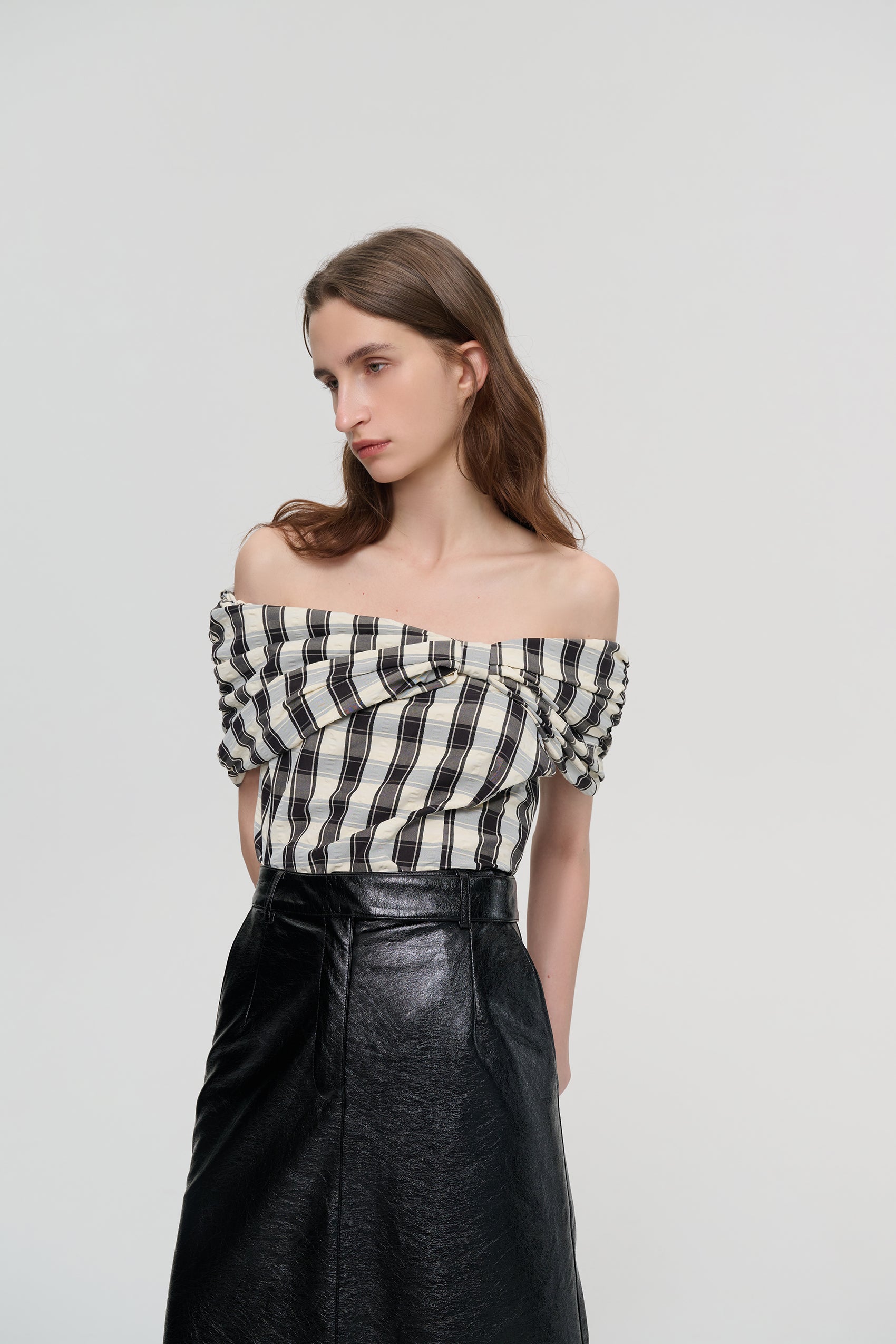 Off-shoulder check print top