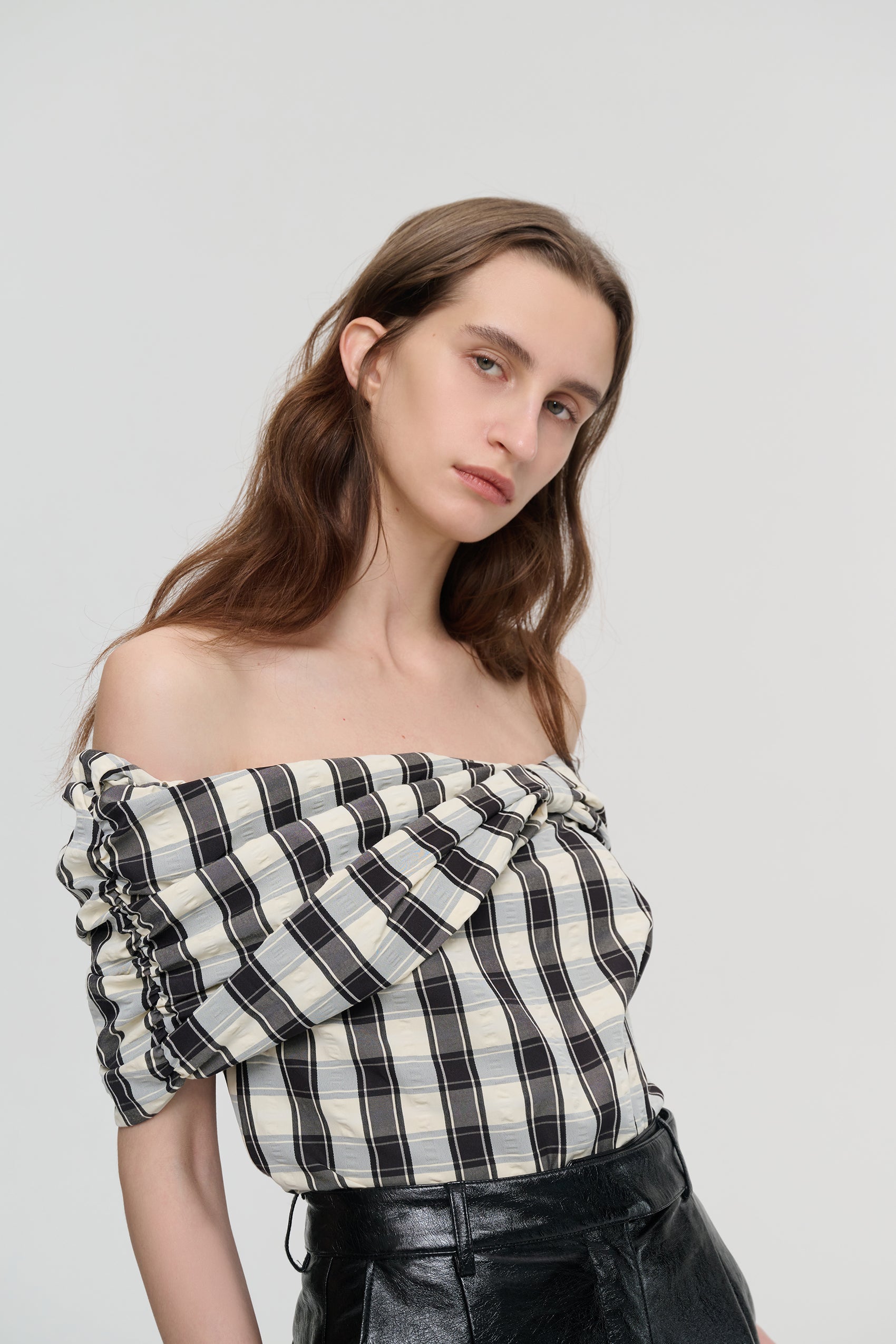 Off-shoulder check print top