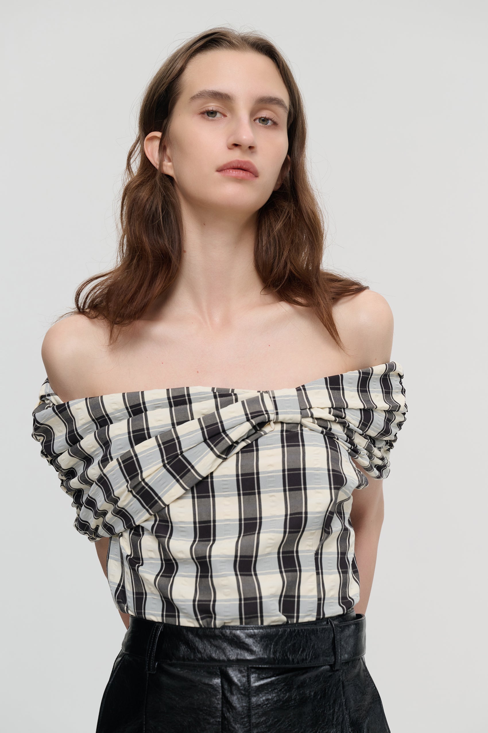 Off-shoulder check print top