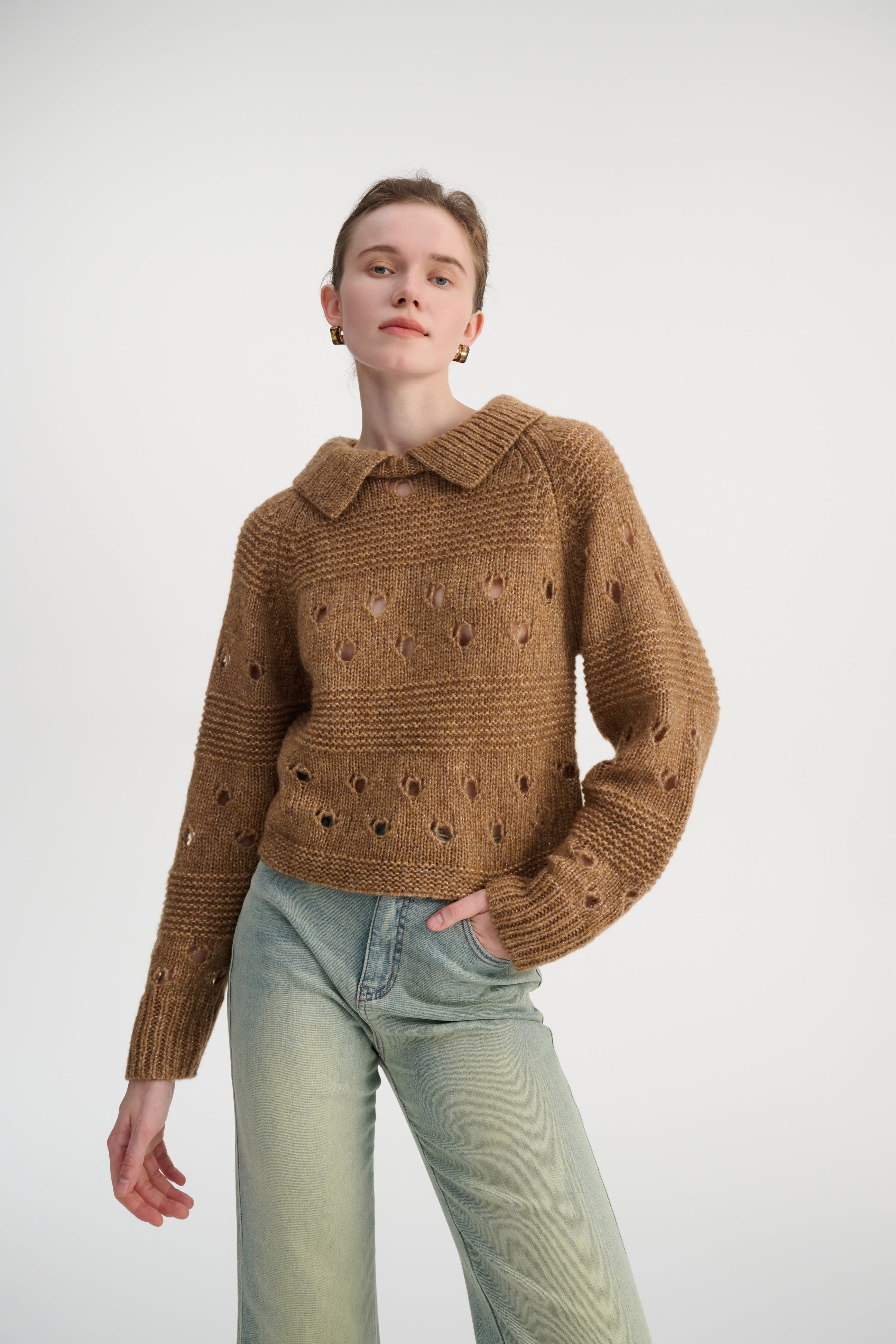 Offener Strickpullover mit Kragen 