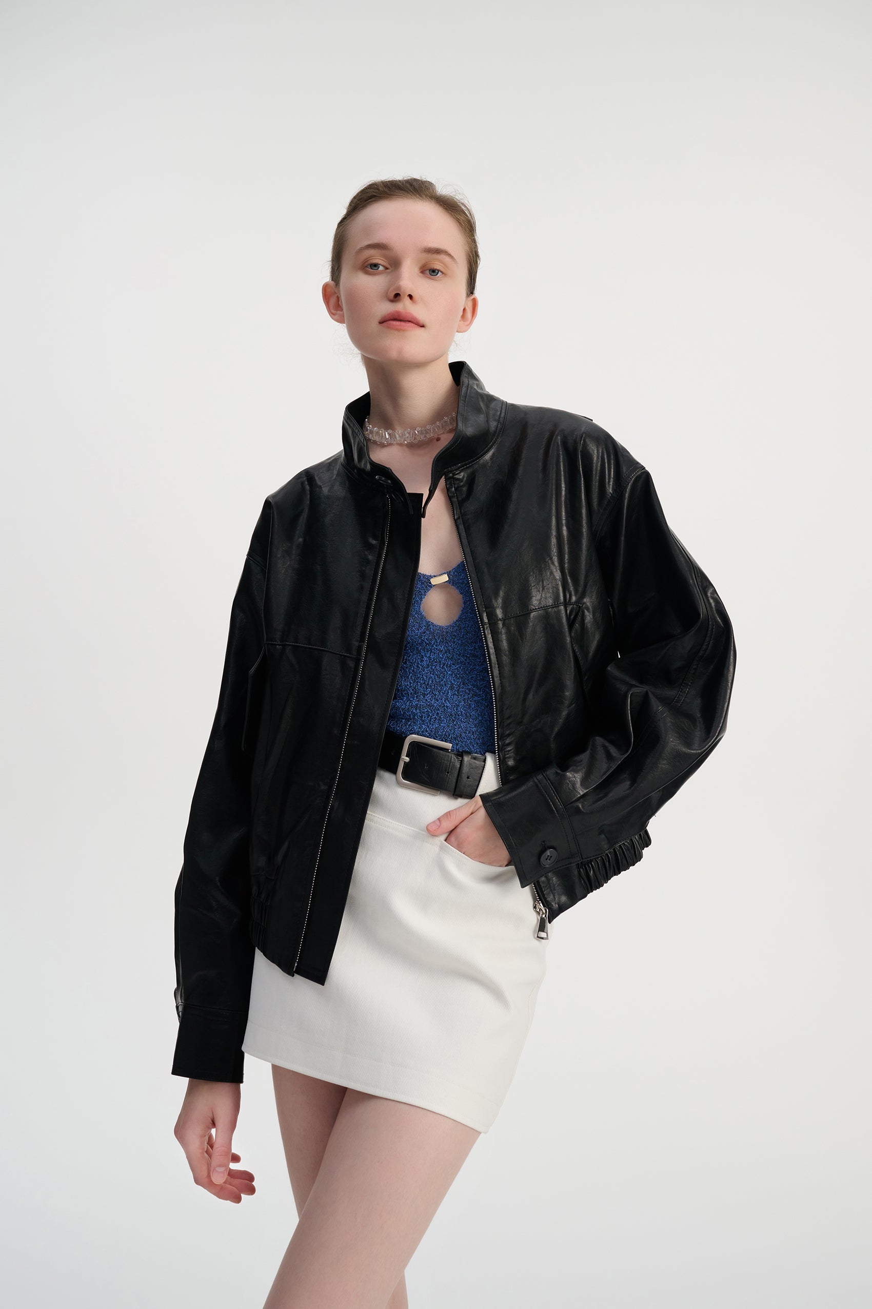 Faux leather stand collar jacket