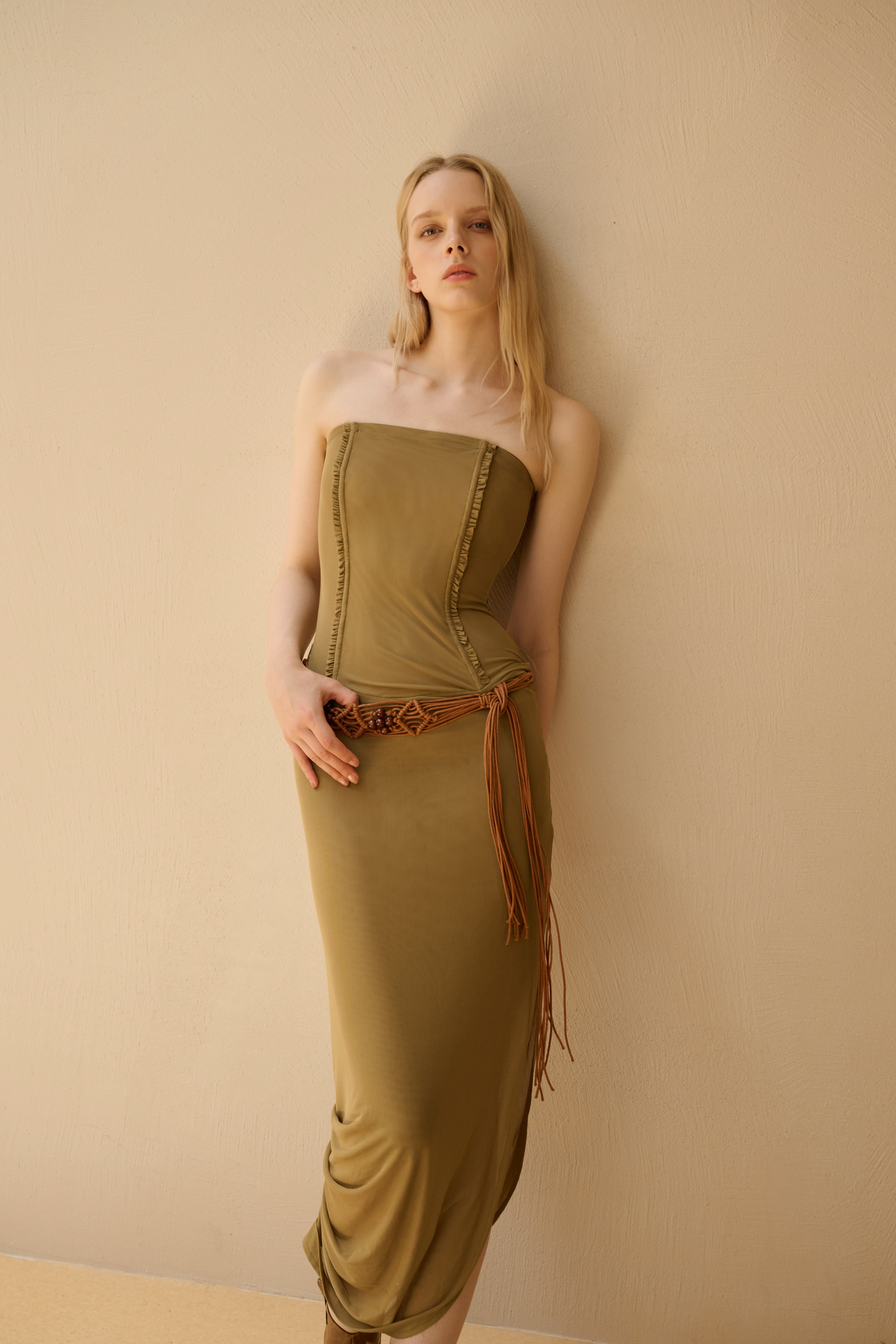 Corset-boned strapless mesh dress