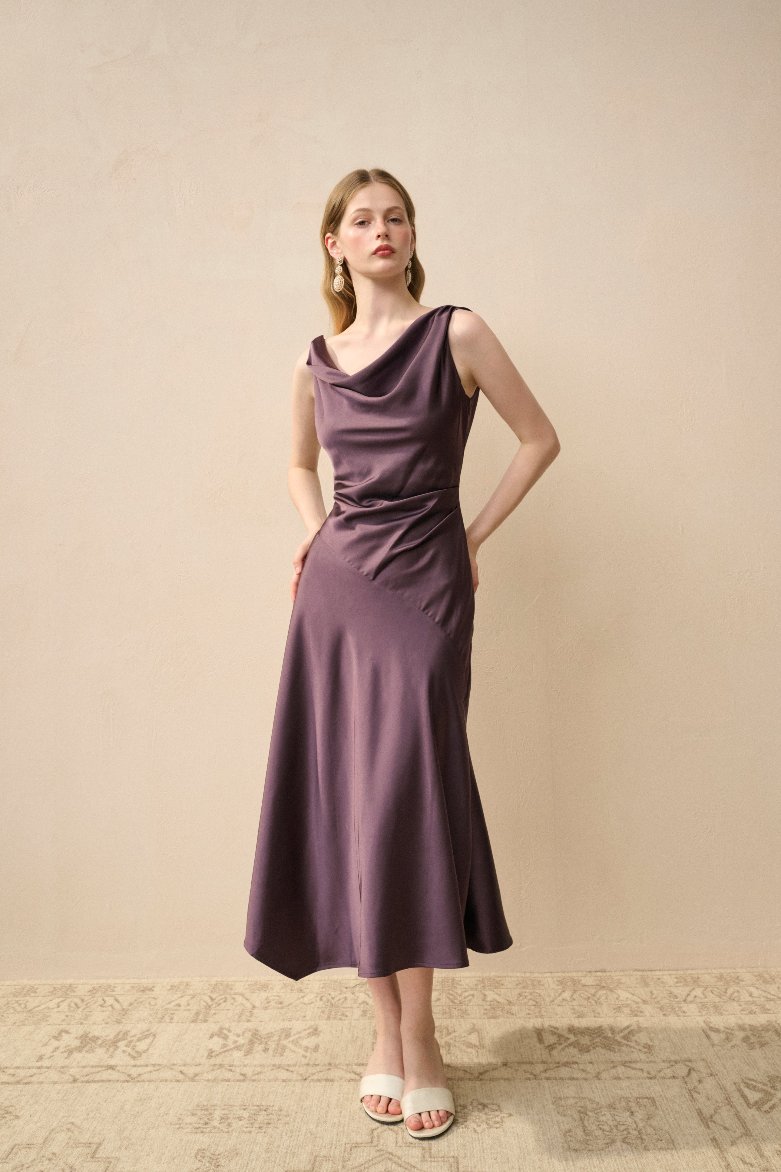 Cowl neck satin midi dress