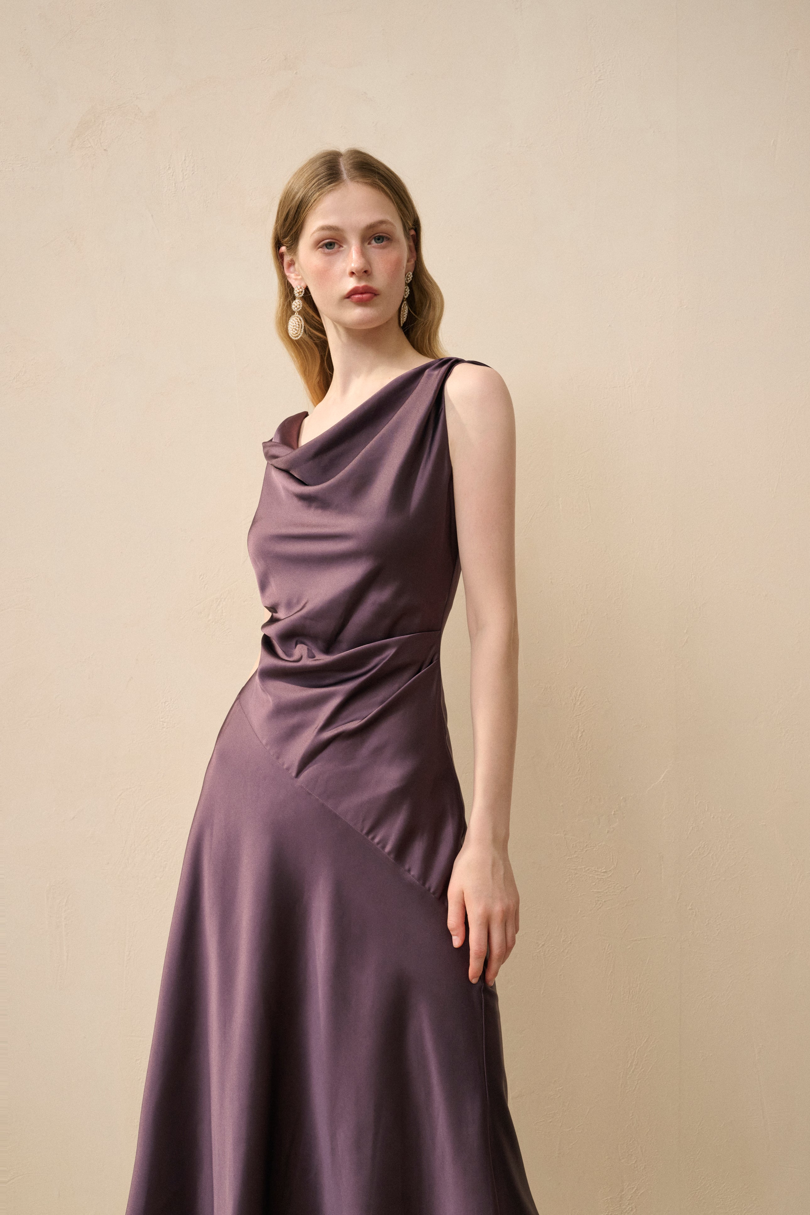 Cowl neck satin midi dress