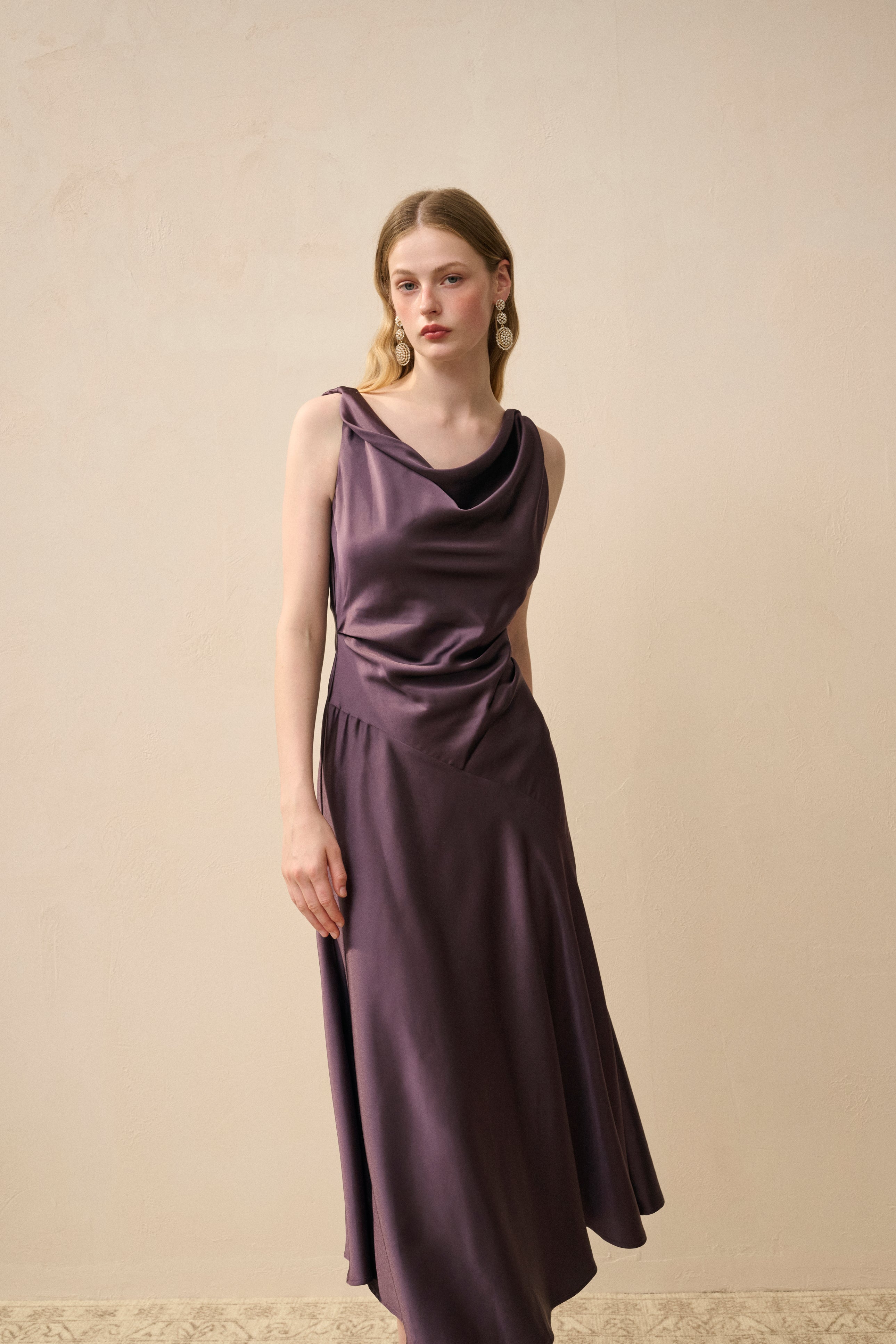 Cowl neck satin midi dress