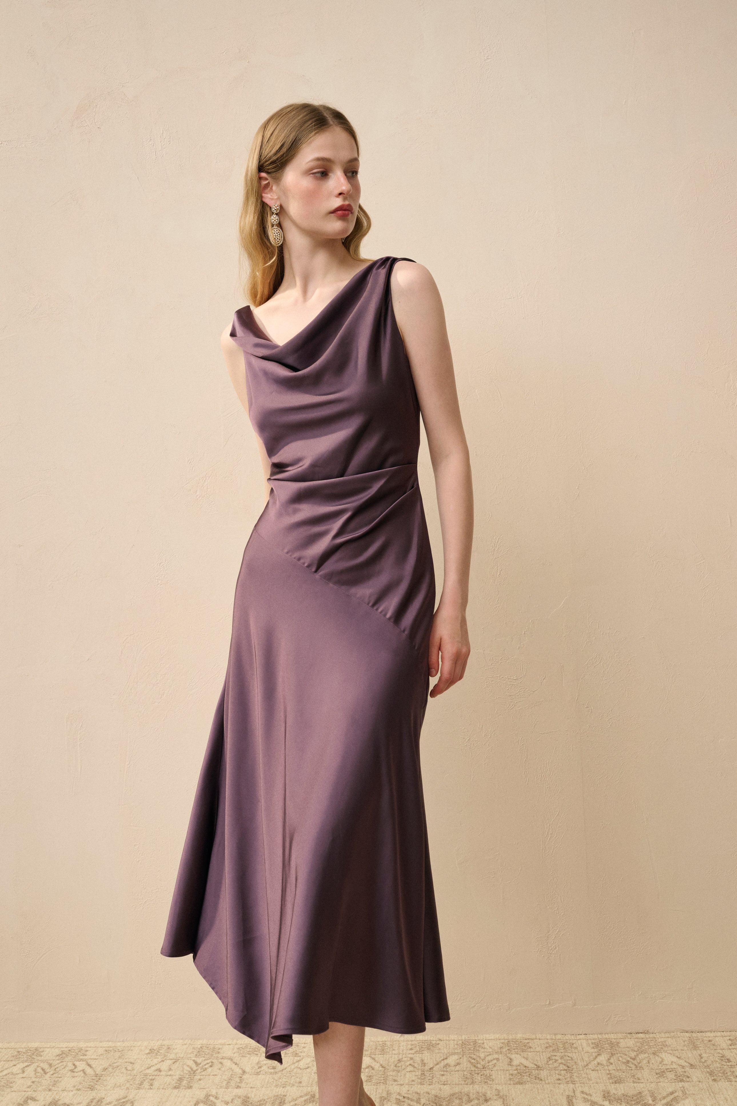 Cowl neck satin midi dress