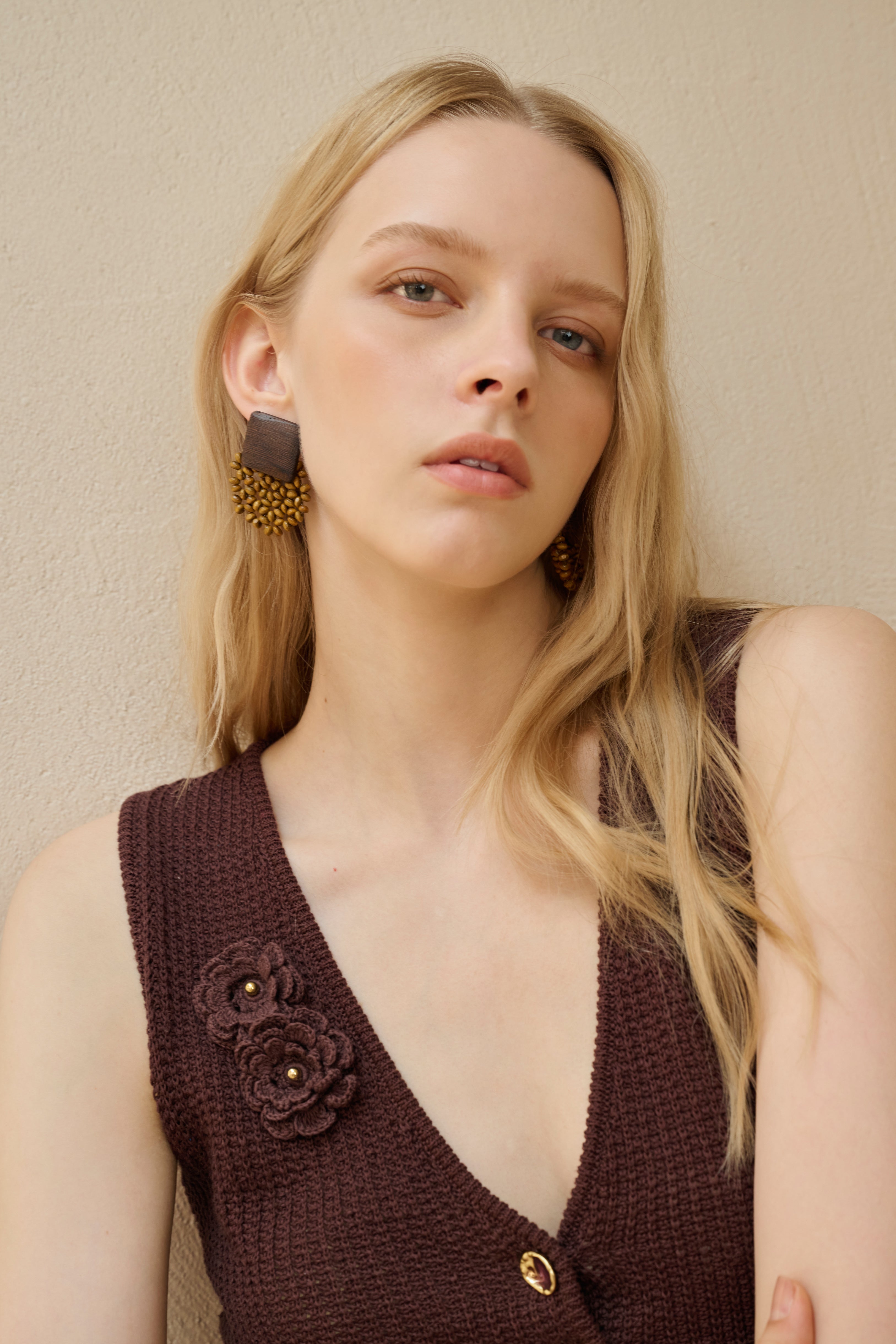Crochet detailed vest & open knit skirt