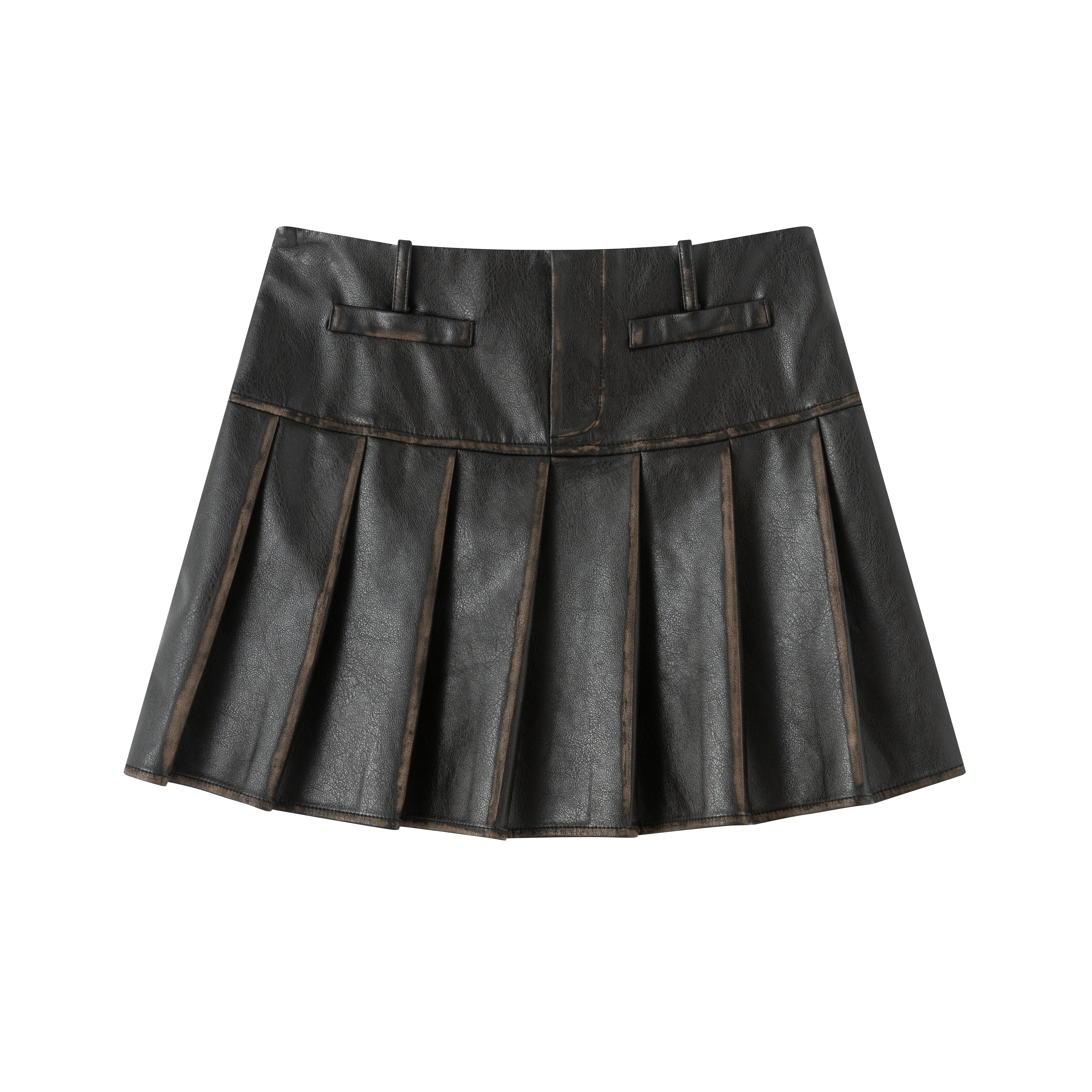 Distressed pleated mini skirt