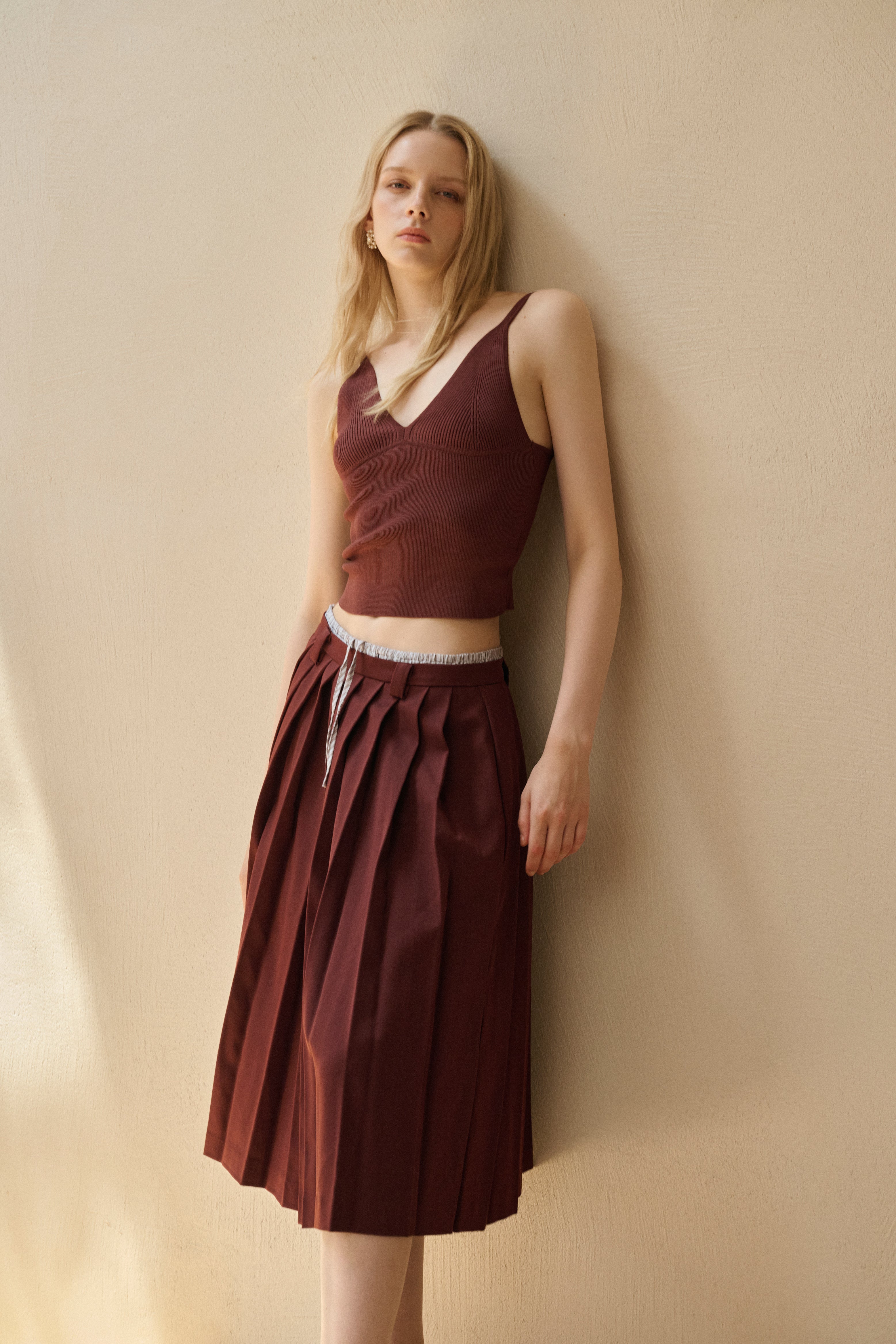 Drawstring double waist pleated skirt