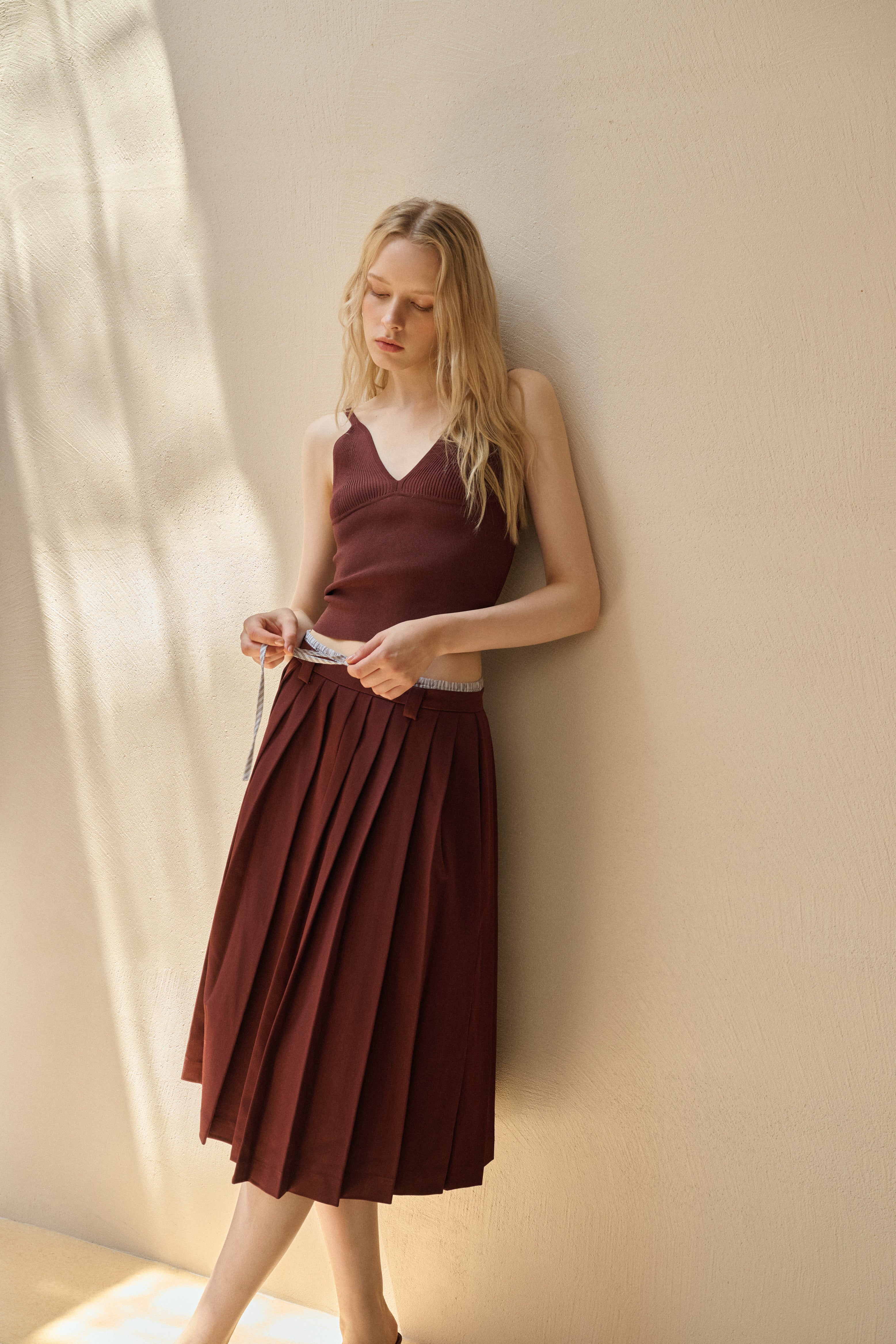Drawstring double waist pleated skirt