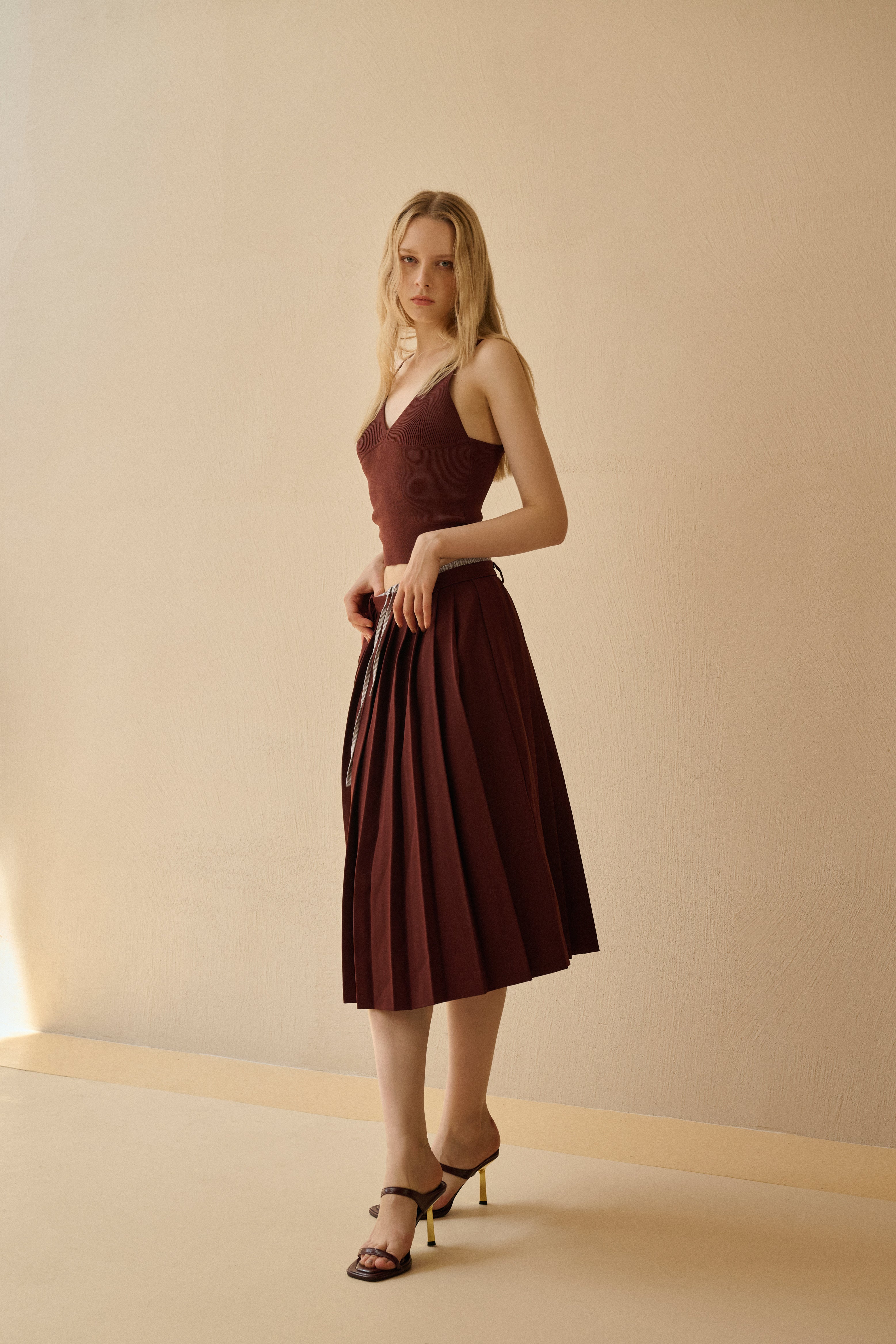 Drawstring double waist pleated skirt