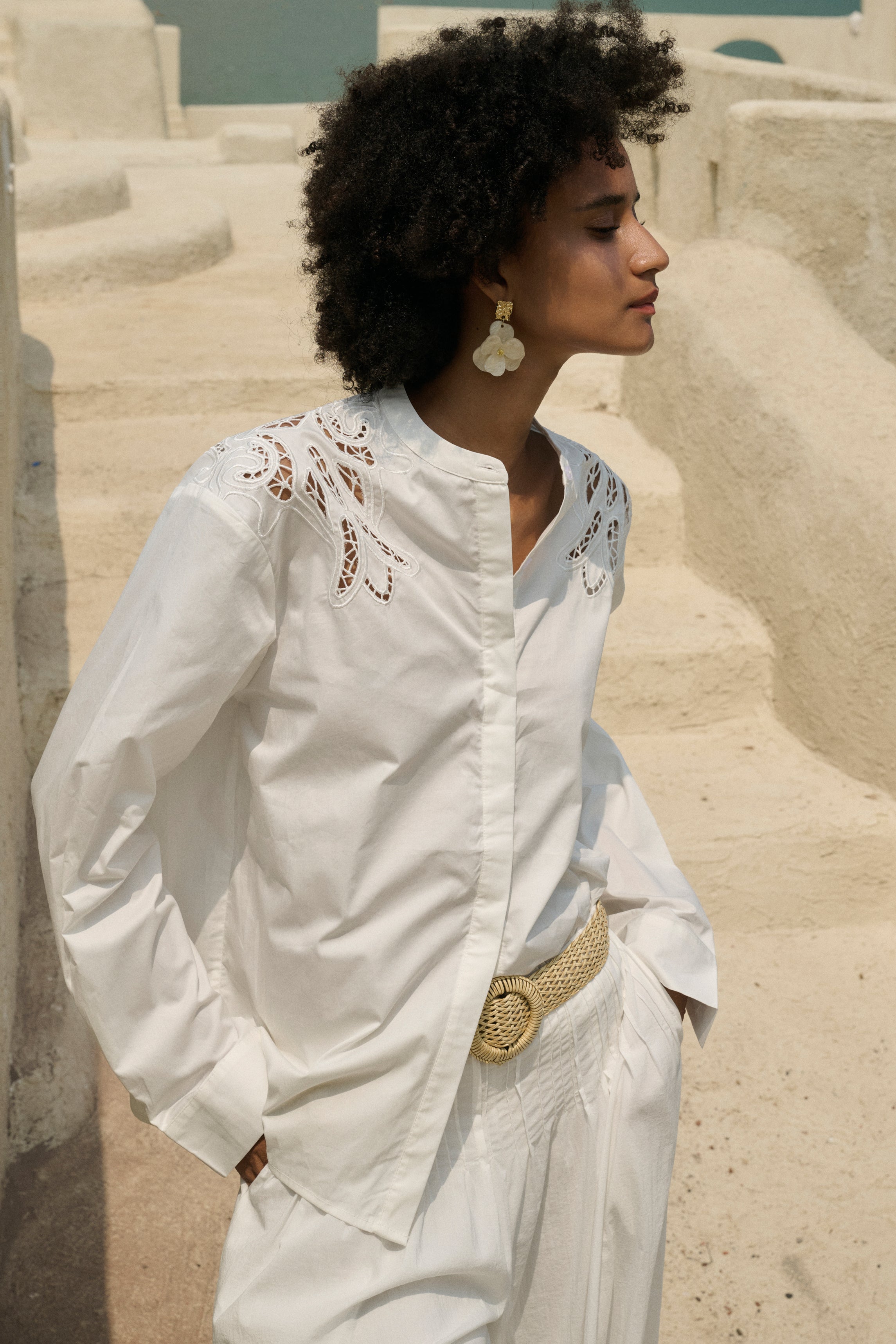 Embroidered collarless shirt