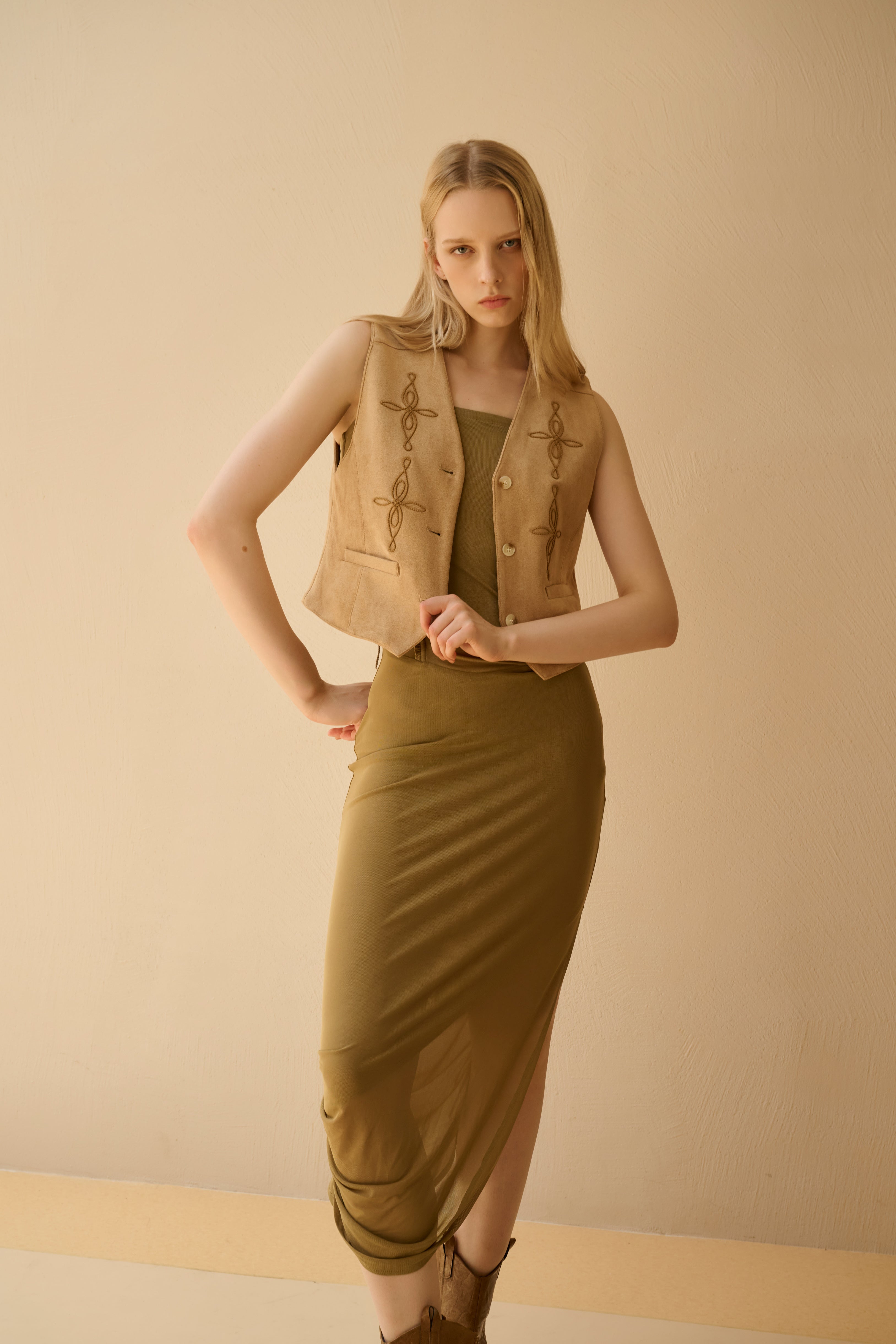 Embroidered faux suede vest