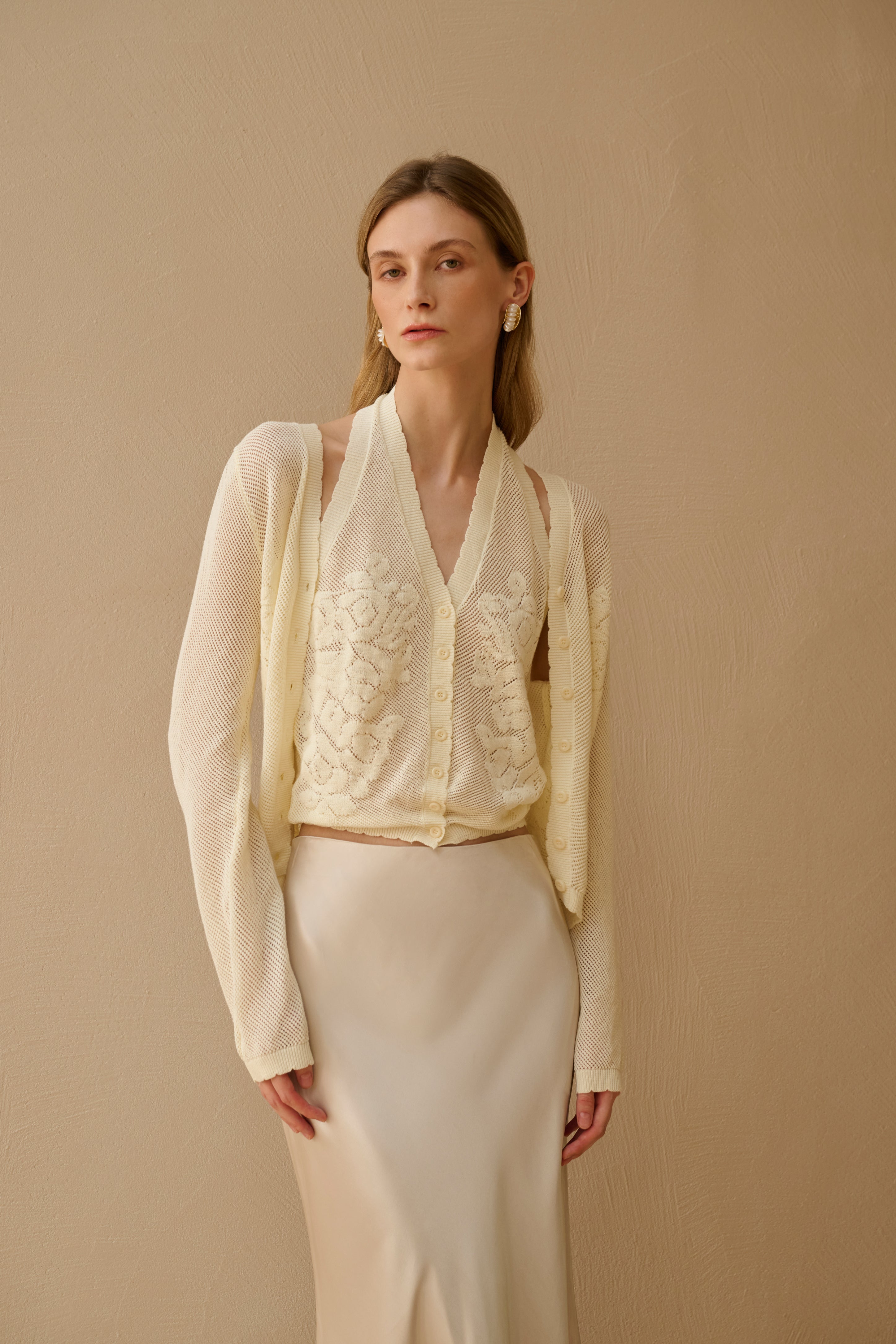 Embroidered openwork knit set