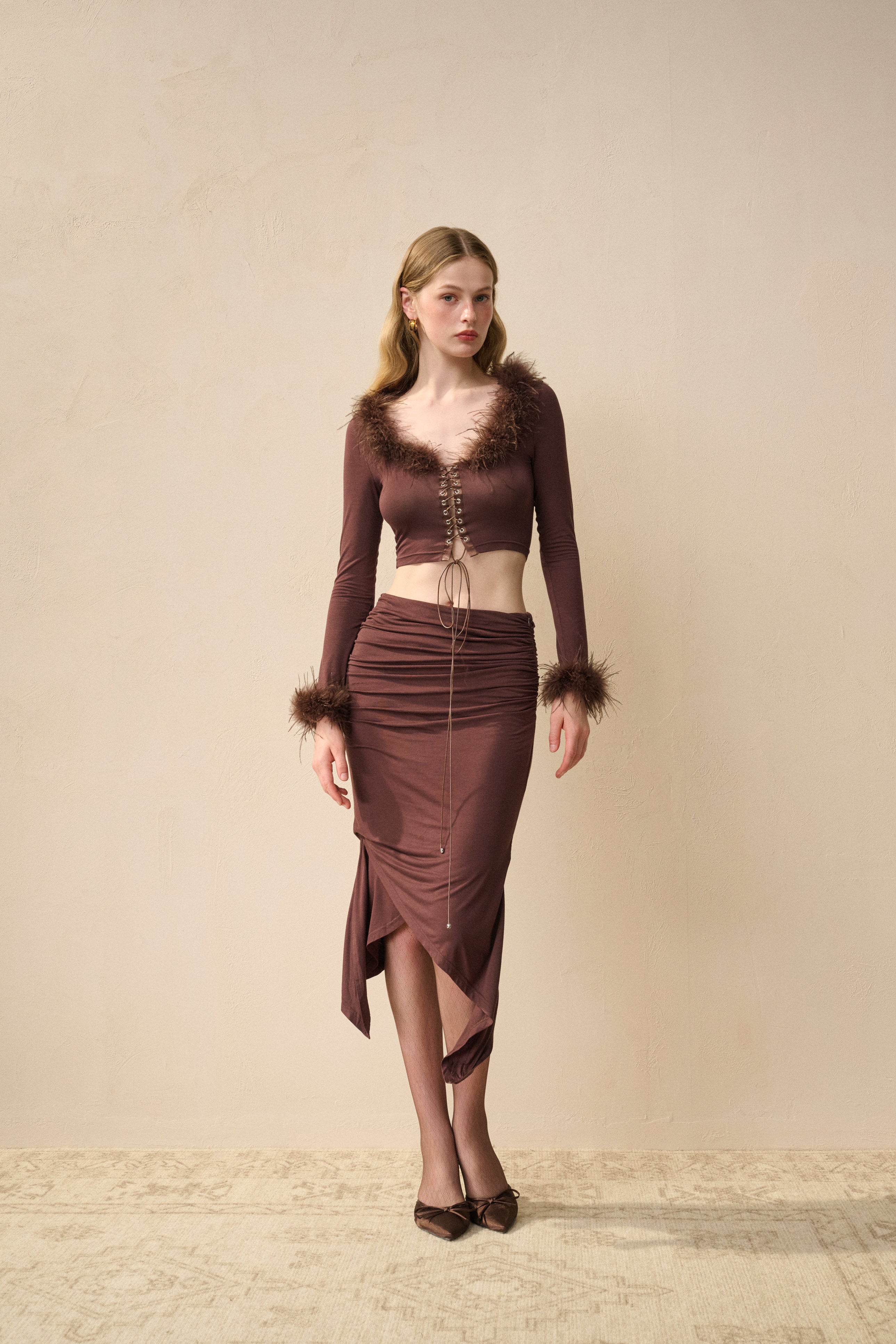 Fur trim slim fit set