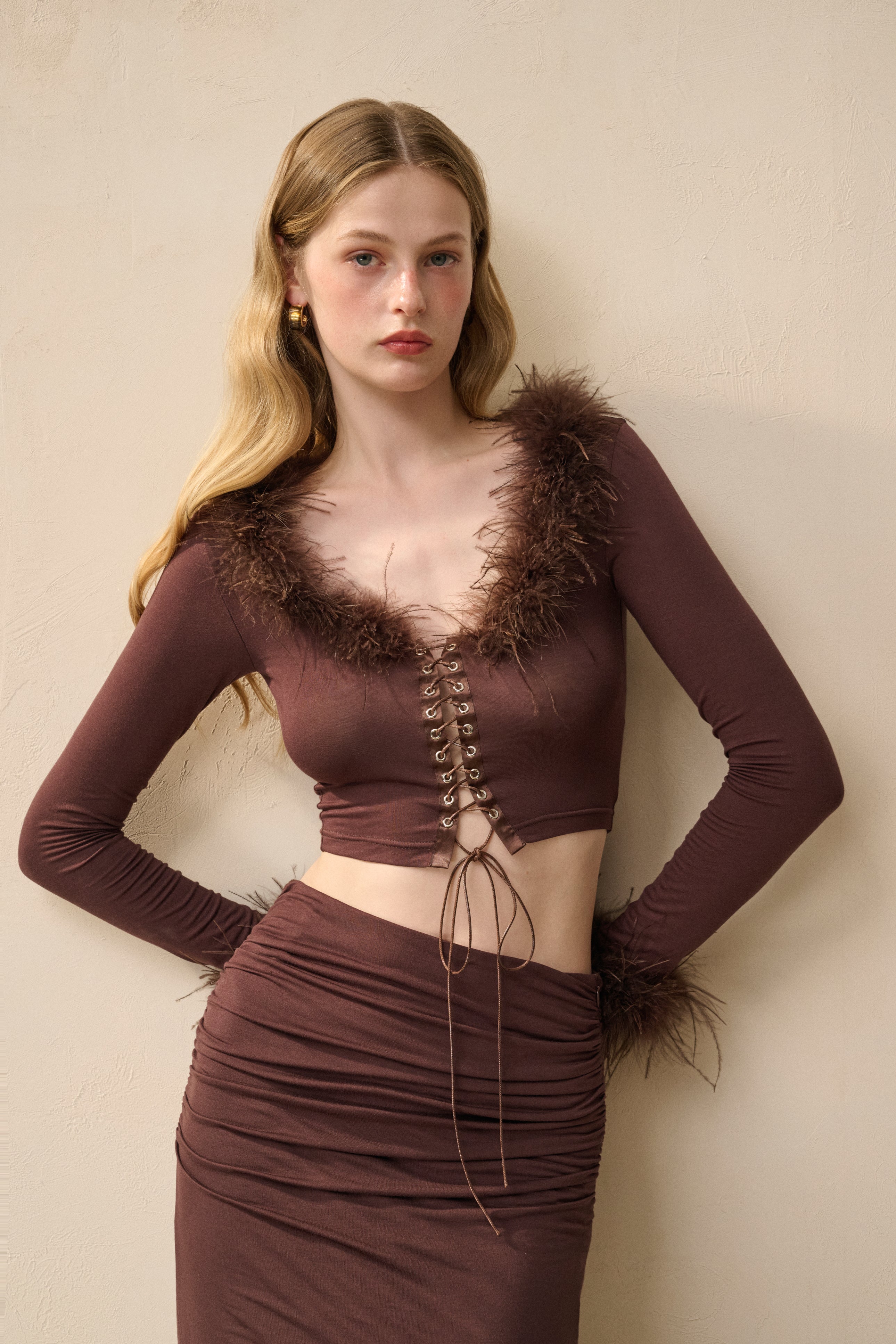 Fur trim slim fit set