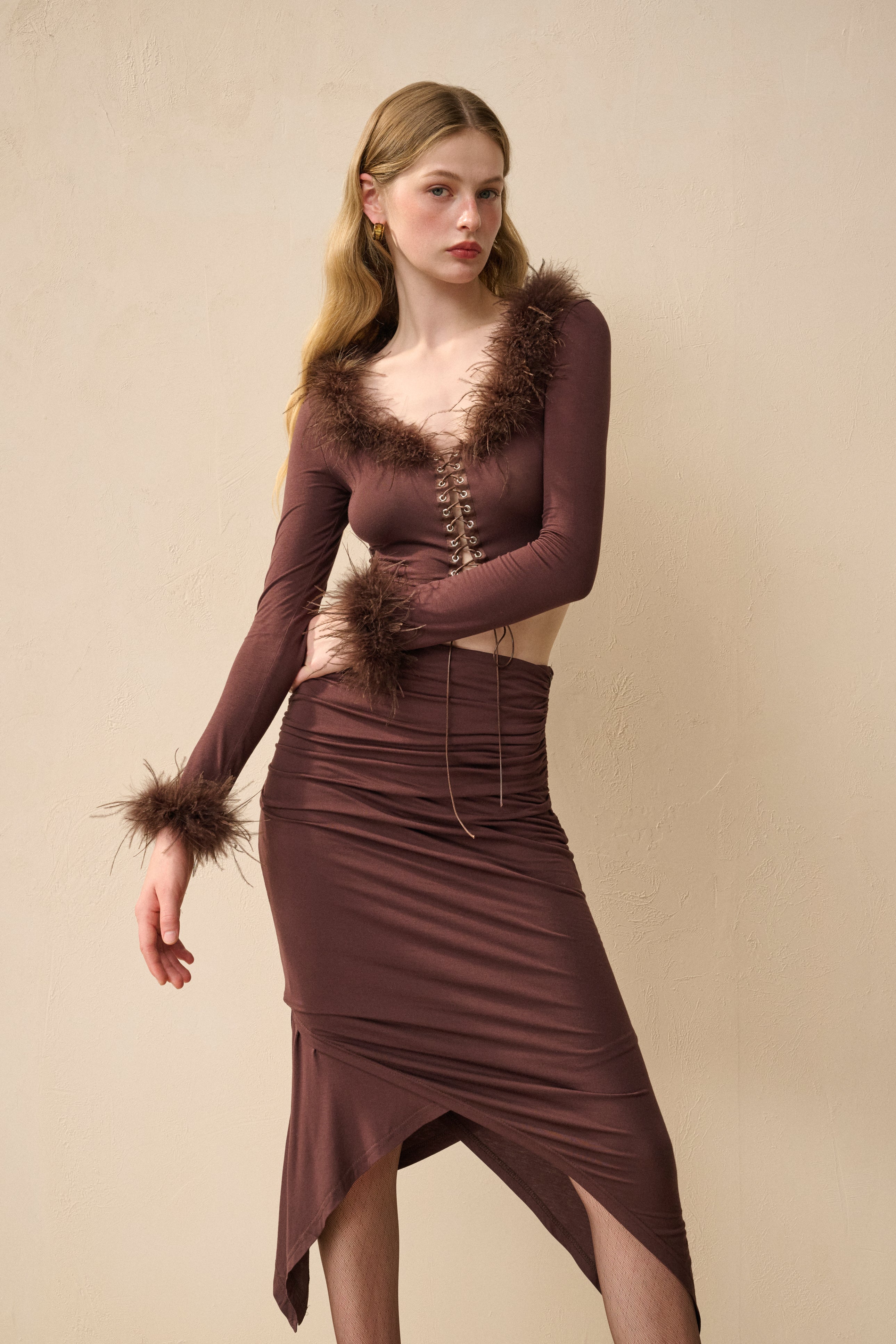 Fur trim slim fit set