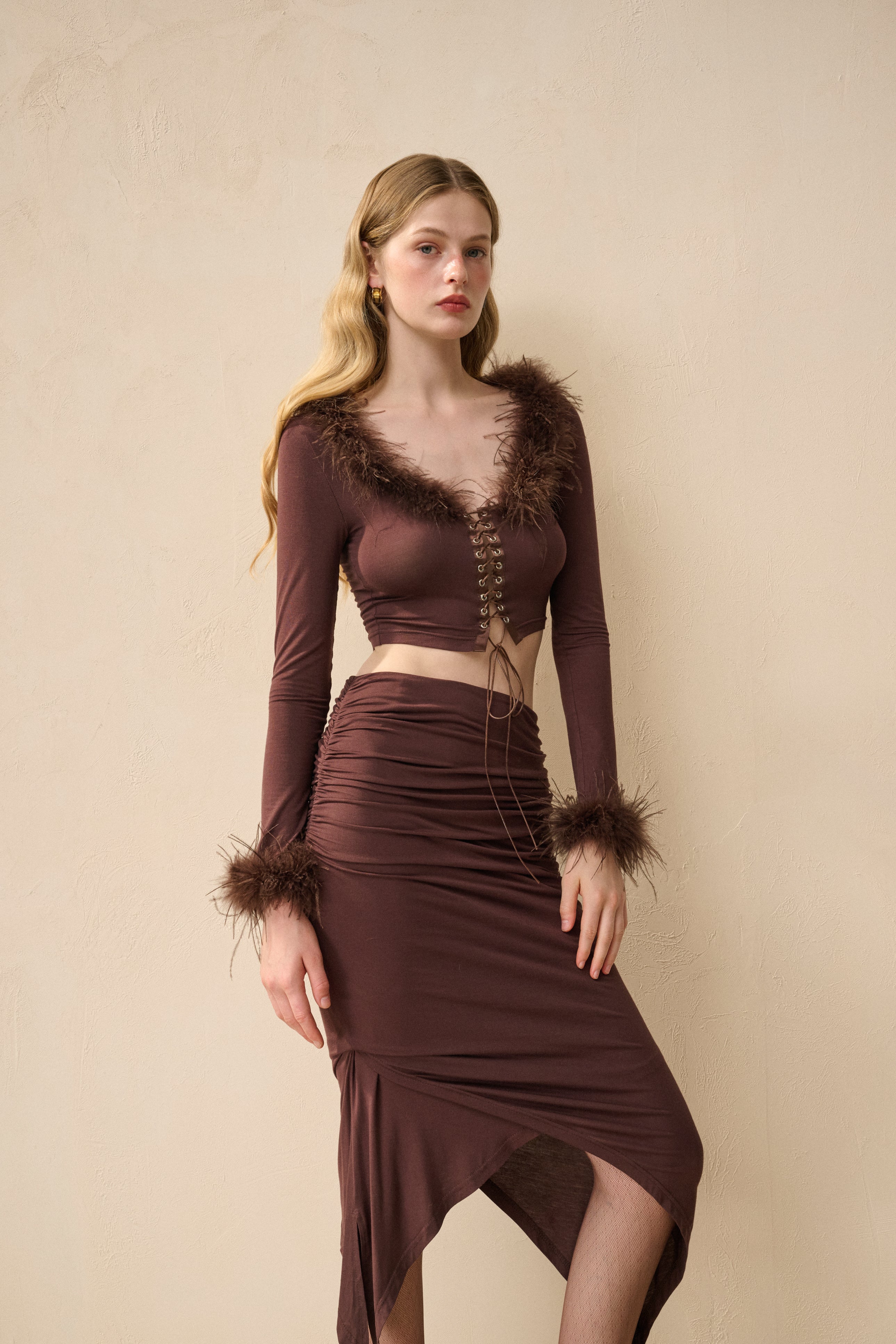 Fur trim slim fit set