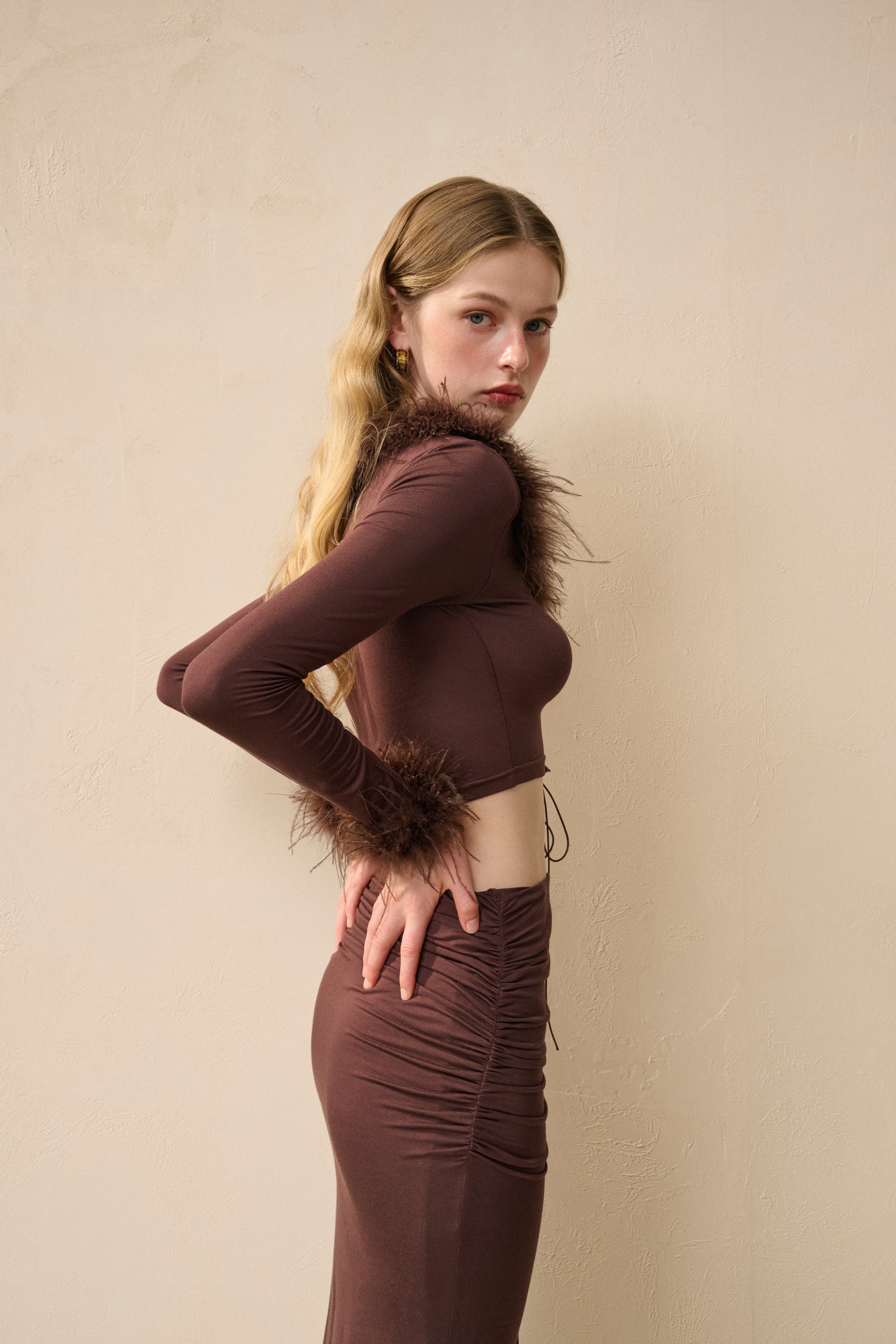 Fur trim slim fit set