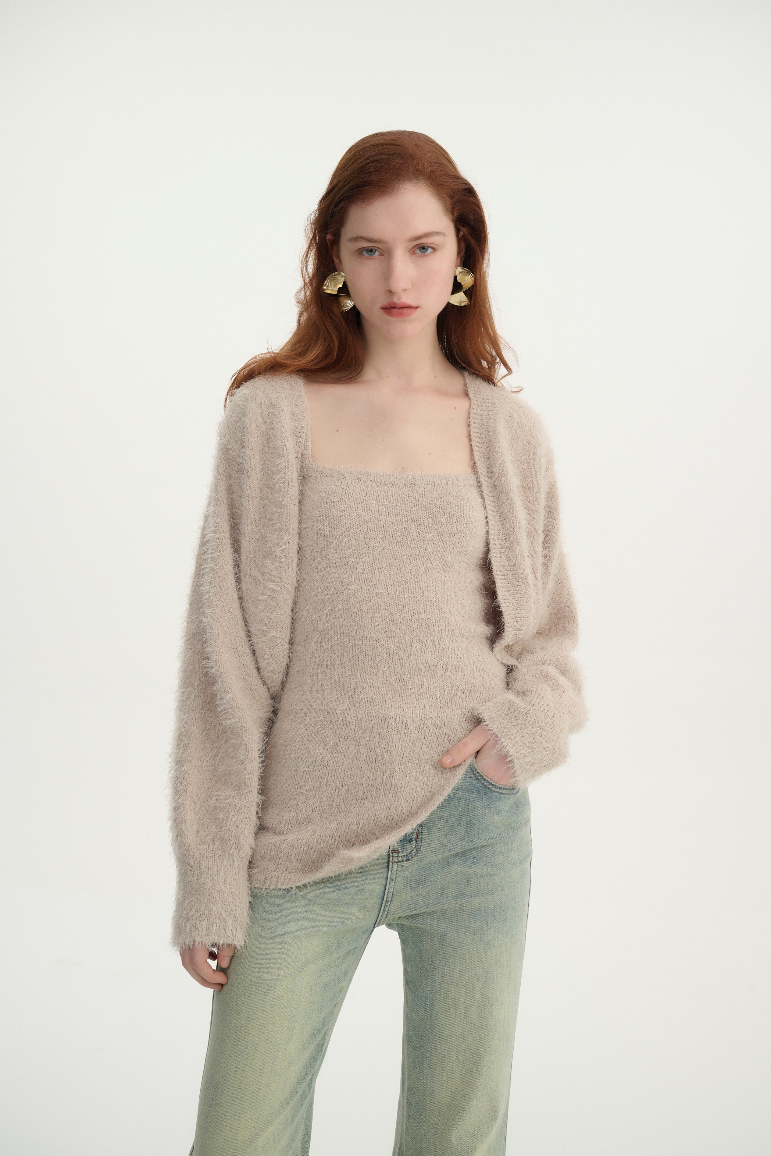 Fuzzy knit top & cardigan