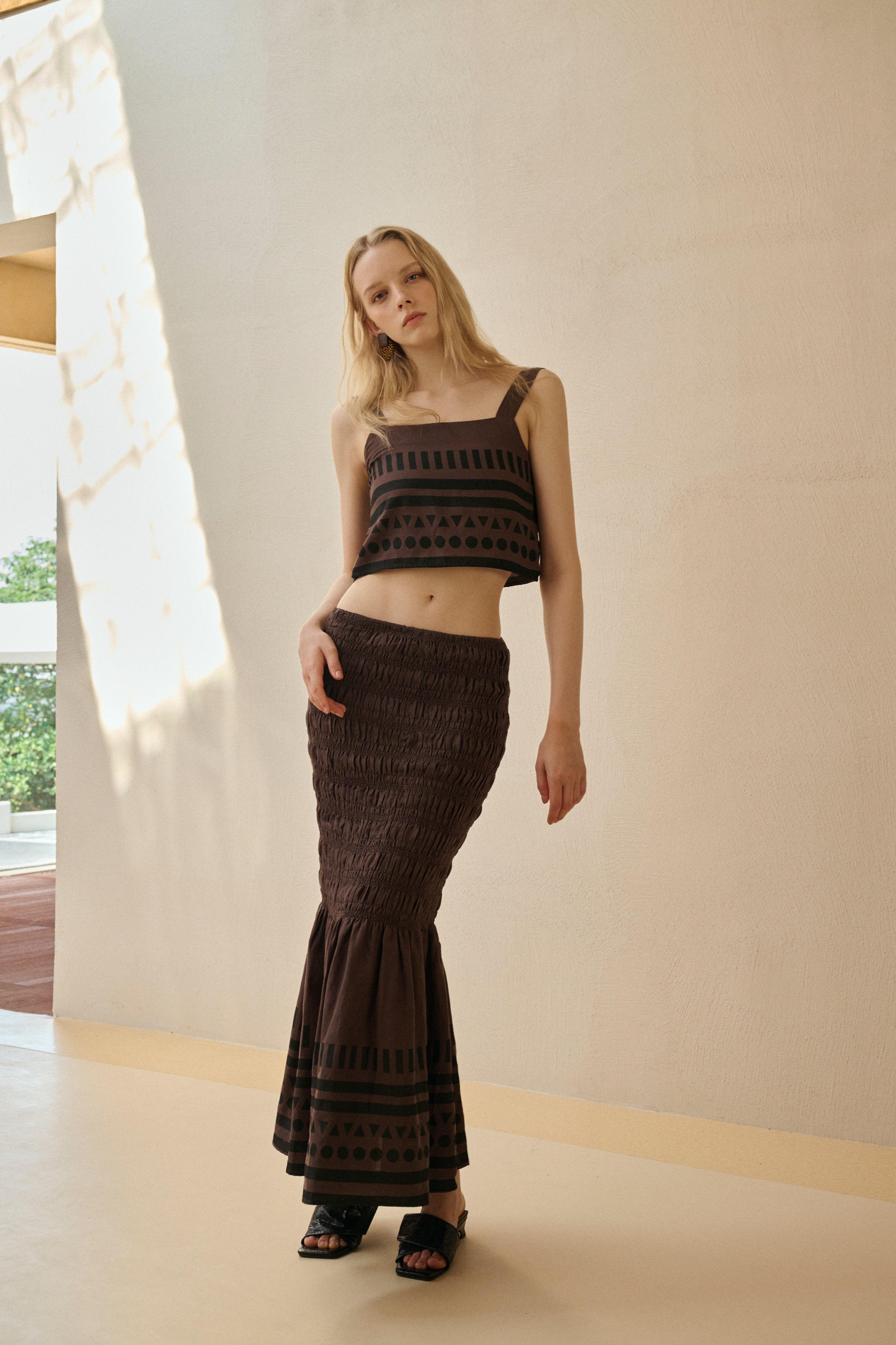 Geometric print top & smocked skirt