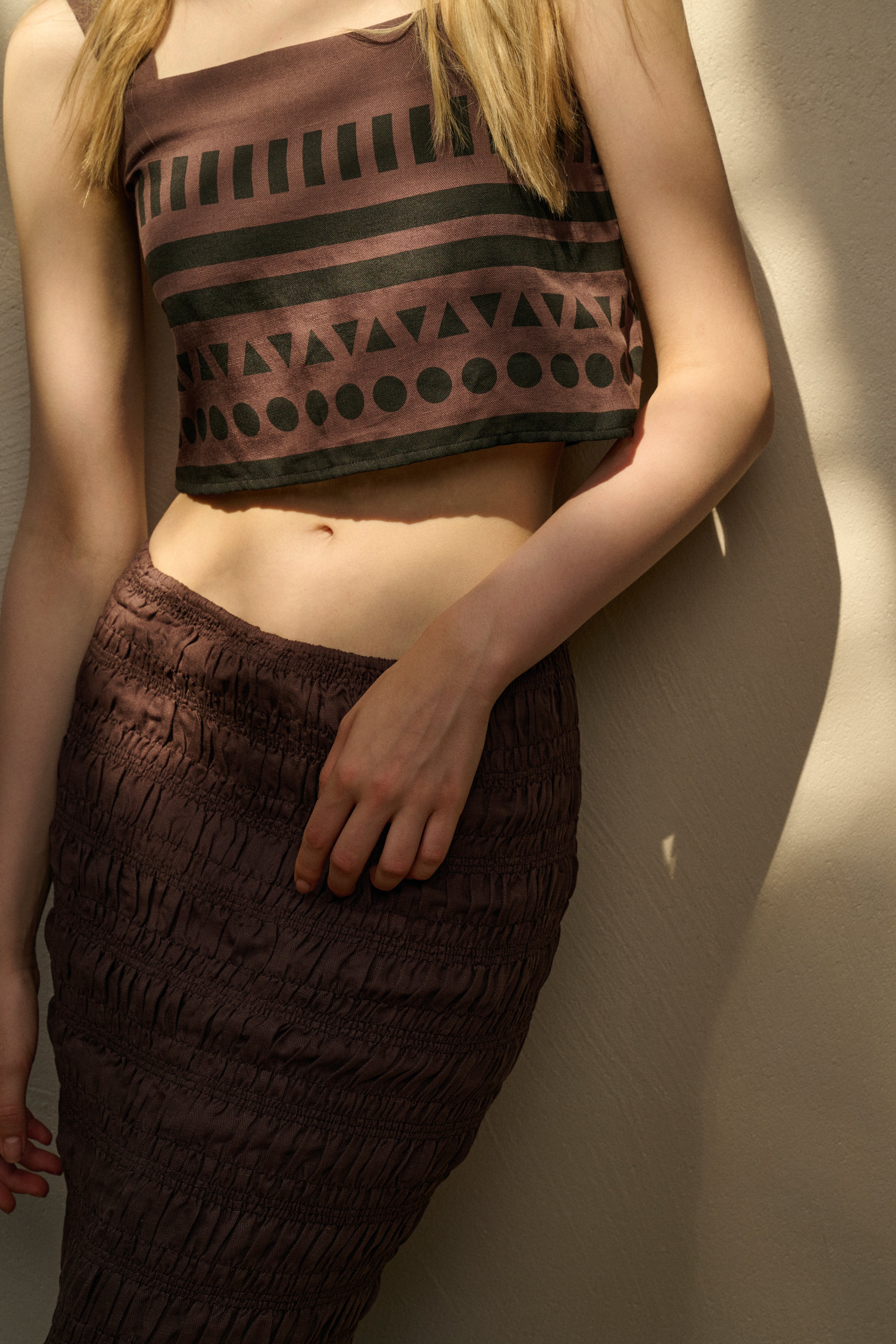Geometric print top & smocked skirt
