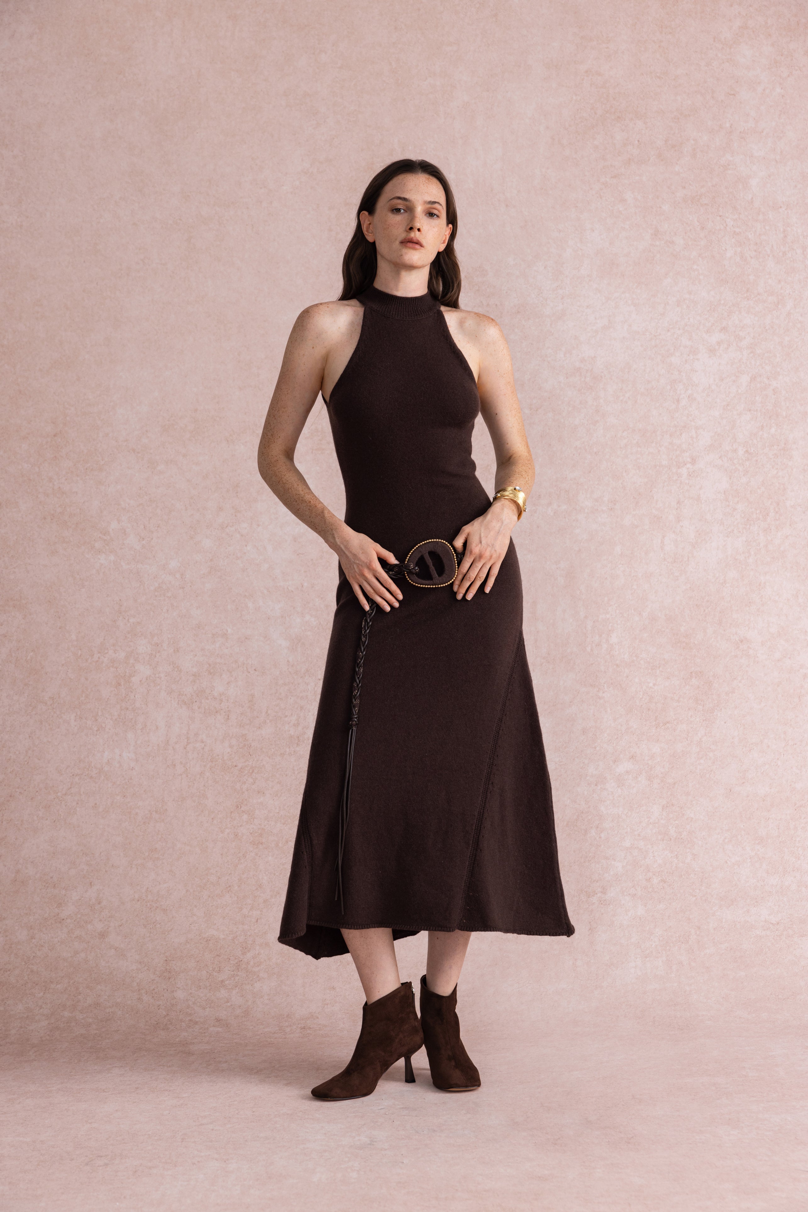 Halterneck fit and flare knit dress