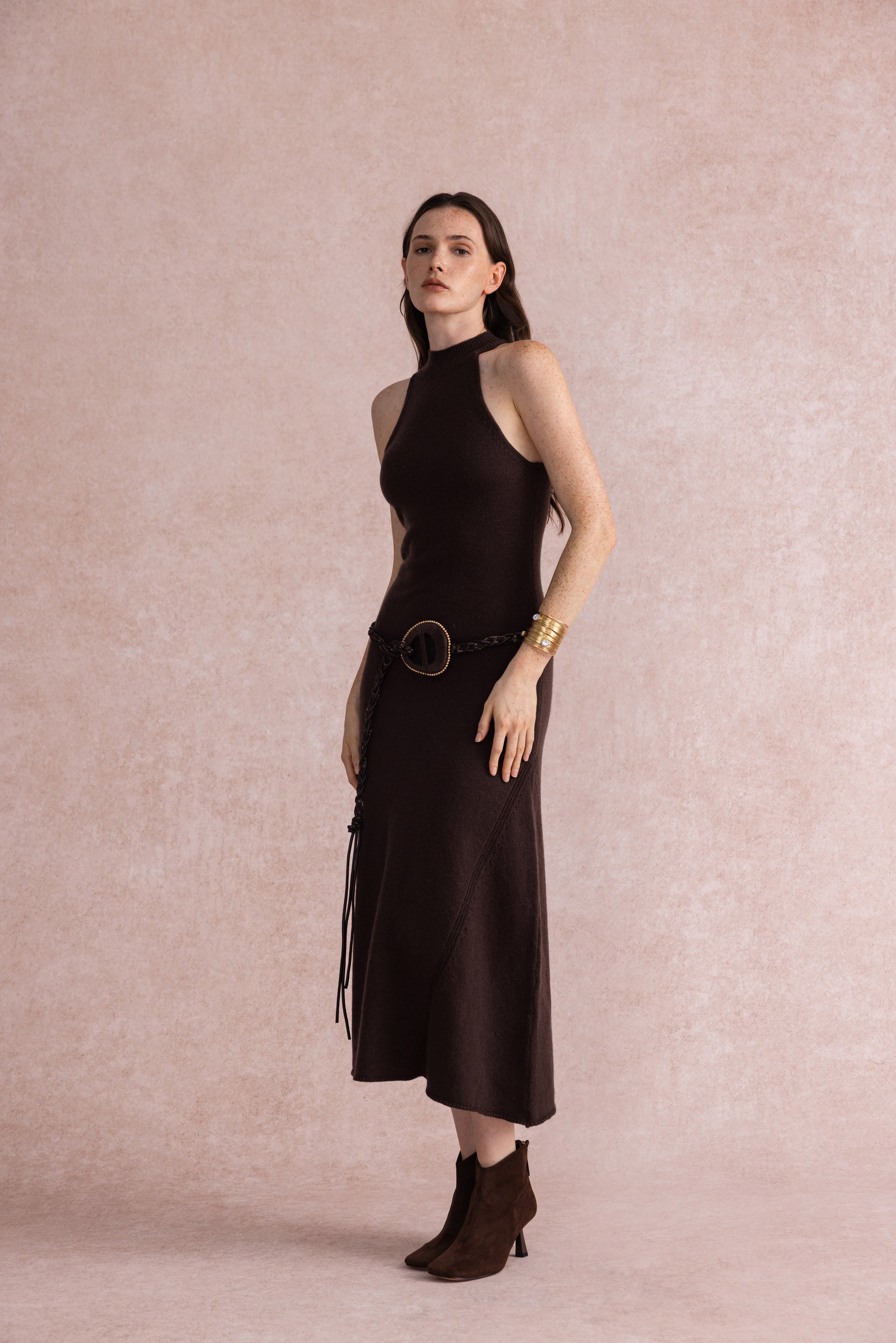 Halterneck fit and flare knit dress