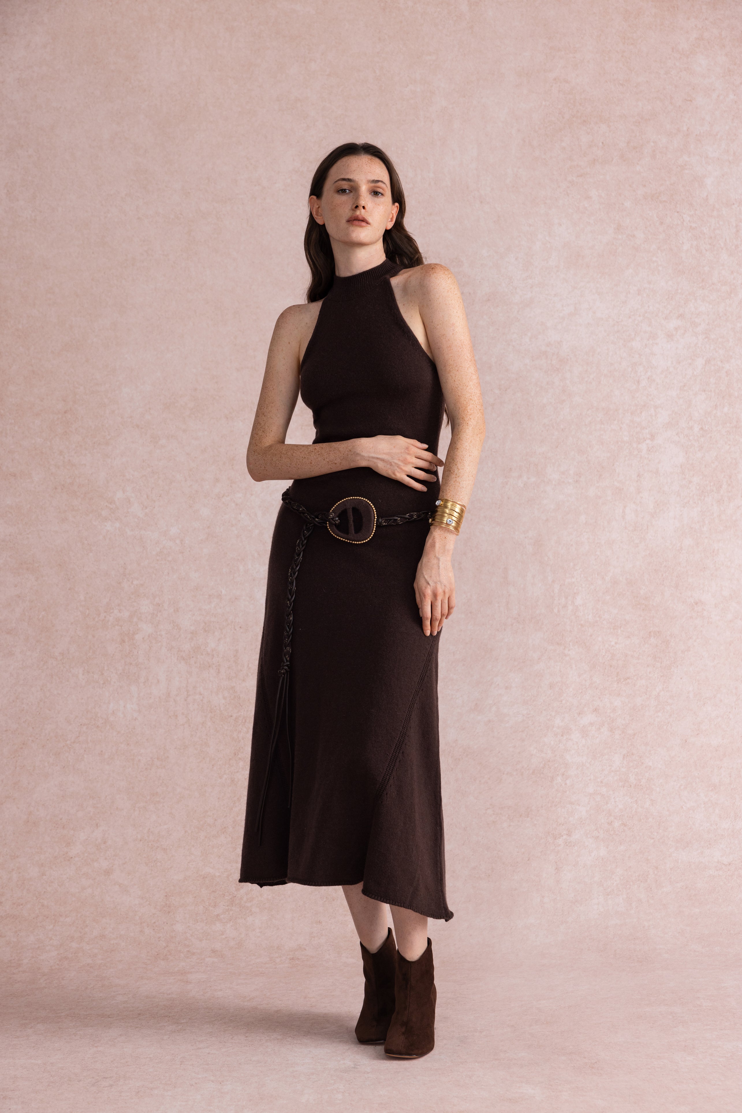 Halterneck fit and flare knit dress