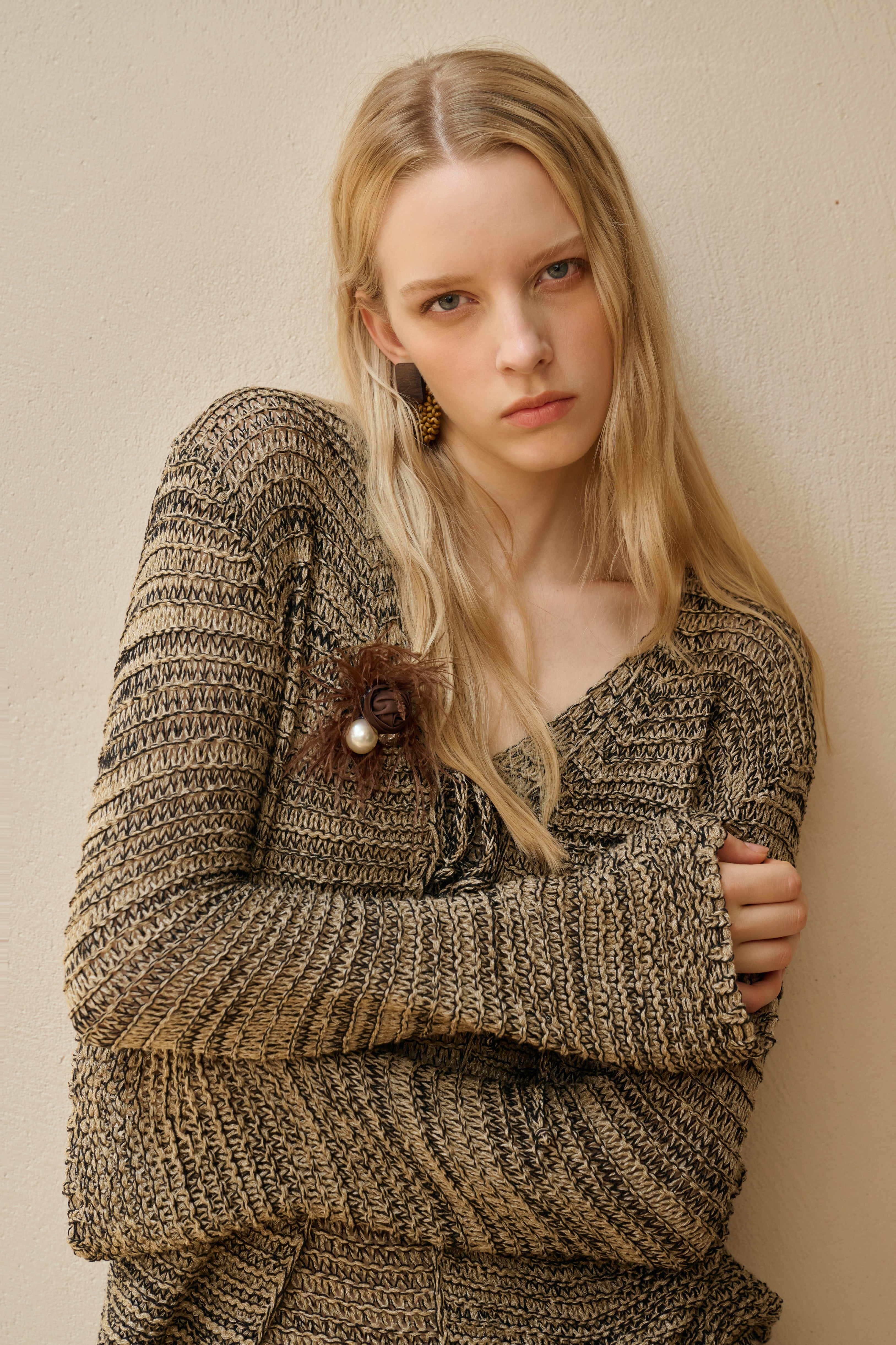Marled knit self-tie cardigan