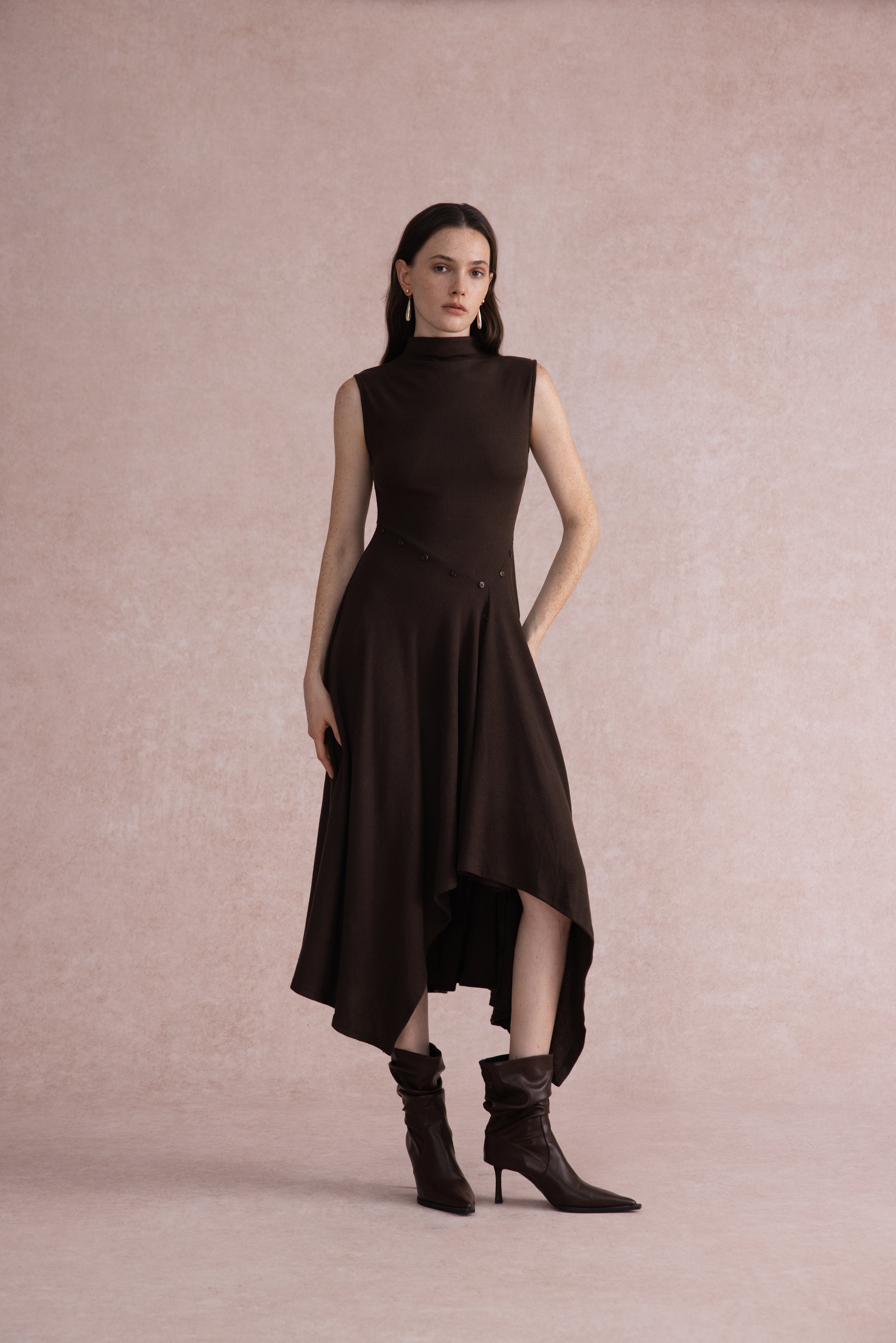 Asymmetrical mock-neck wool dress