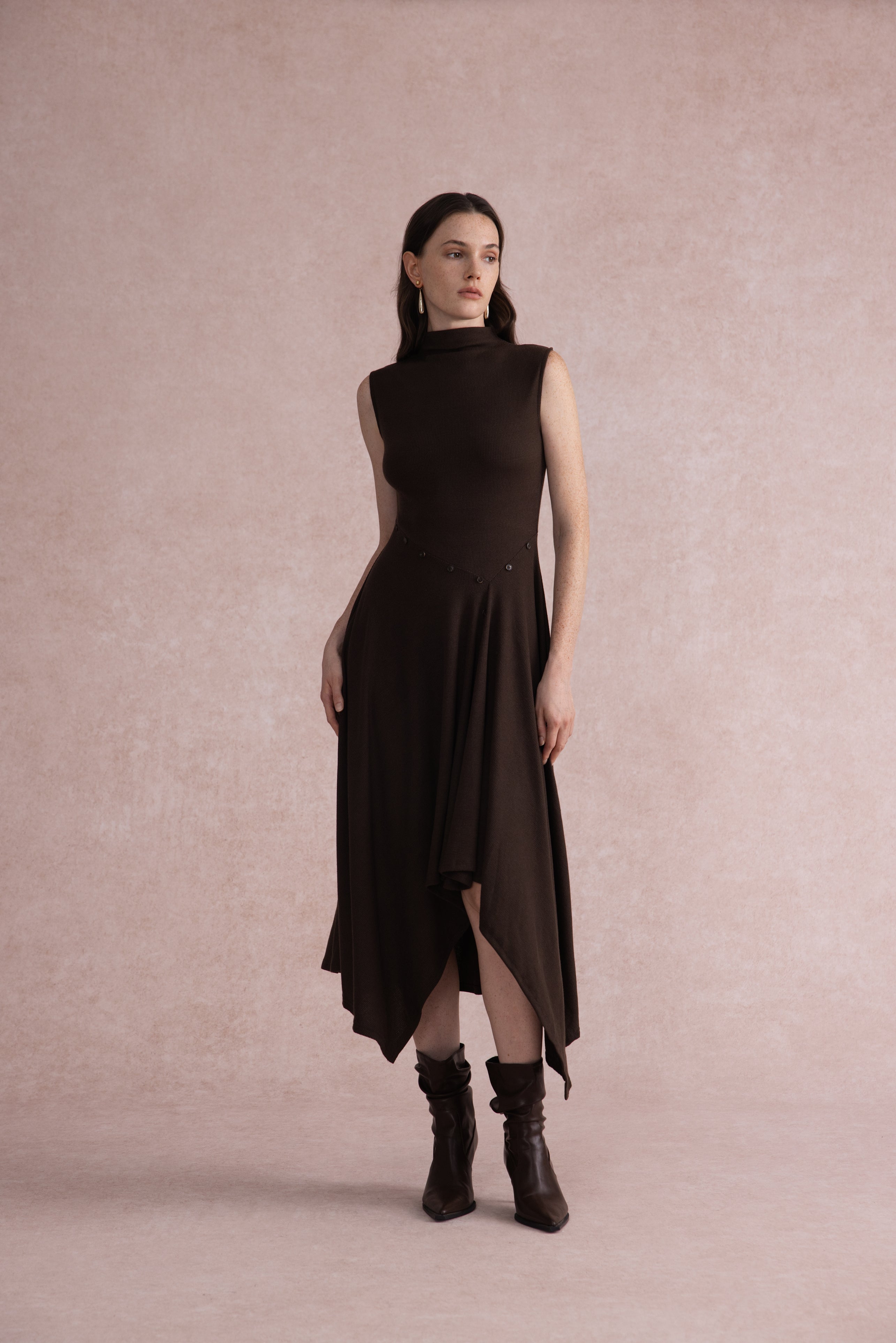 Asymmetrical mock-neck wool dress
