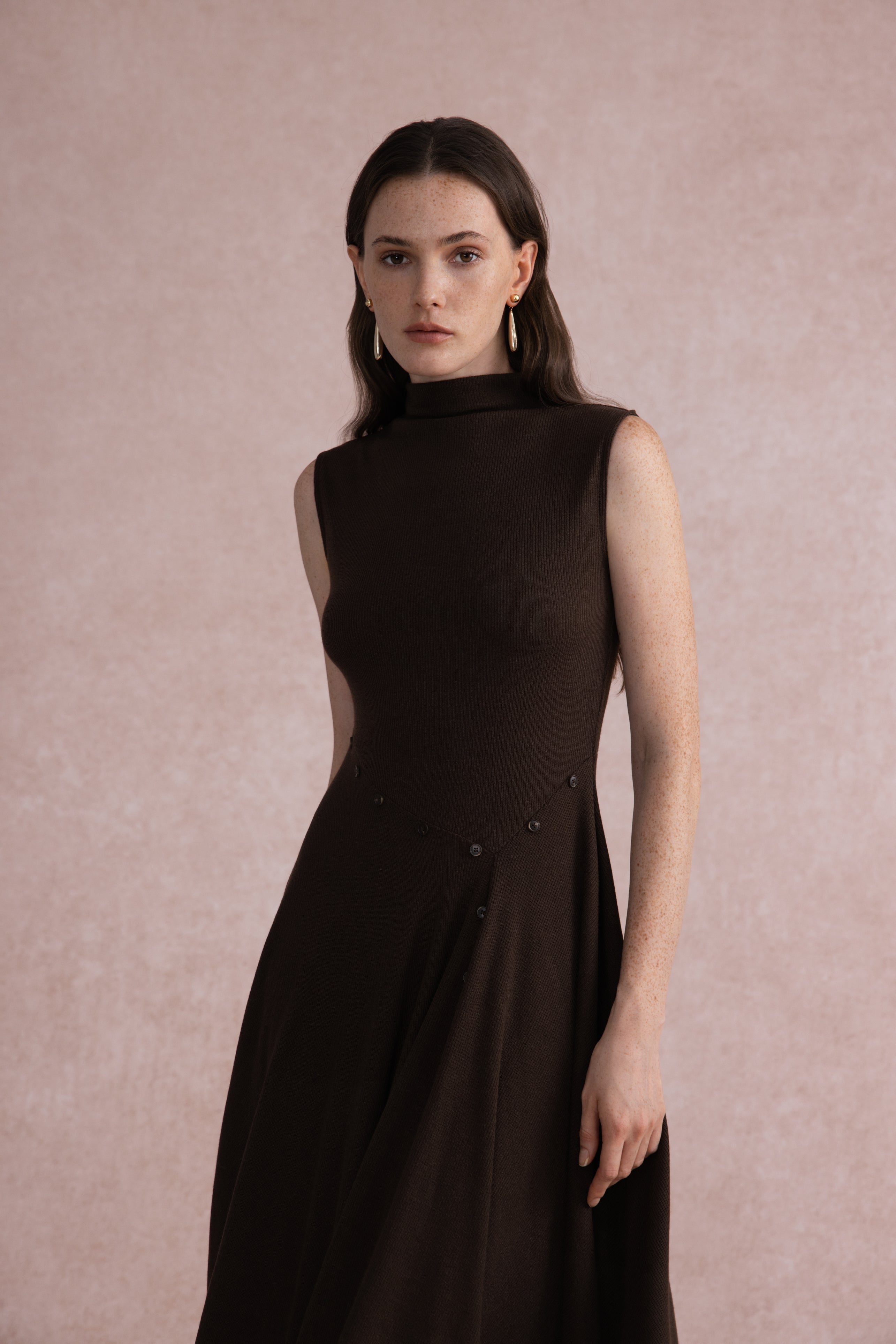Asymmetrical mock-neck wool dress