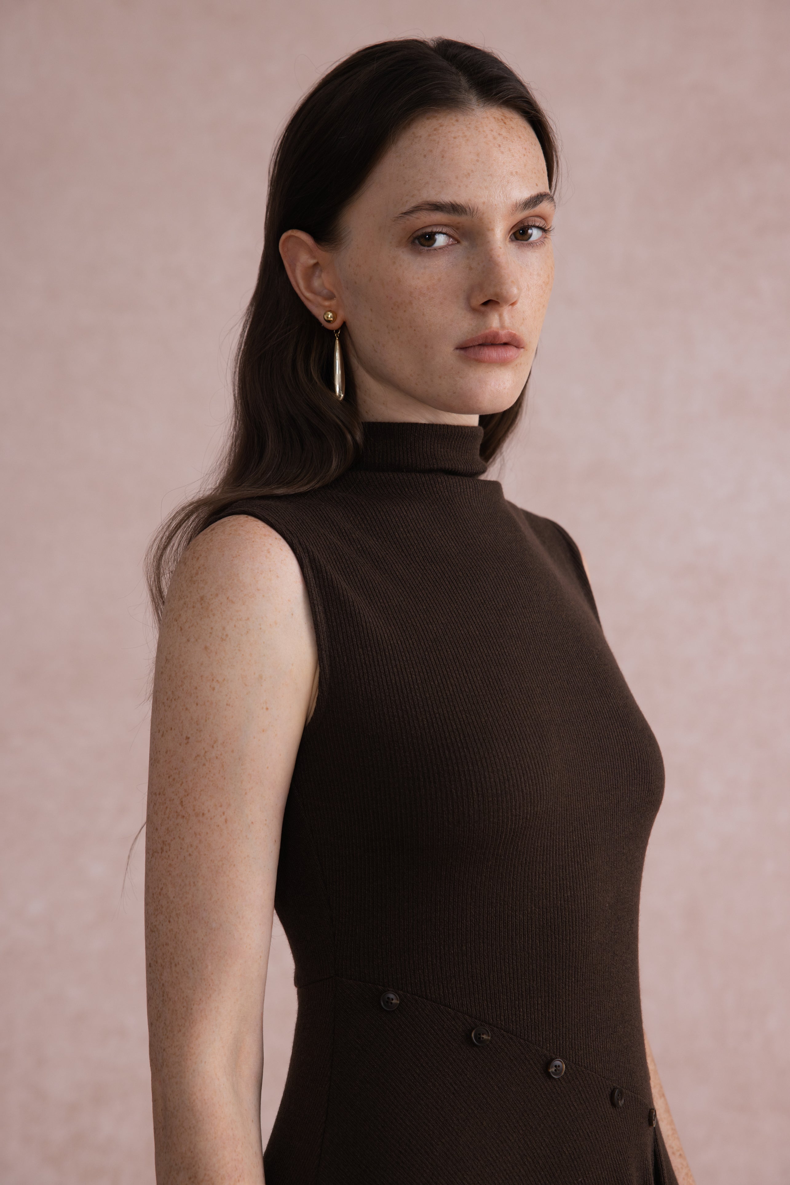 Asymmetrical mock-neck wool dress