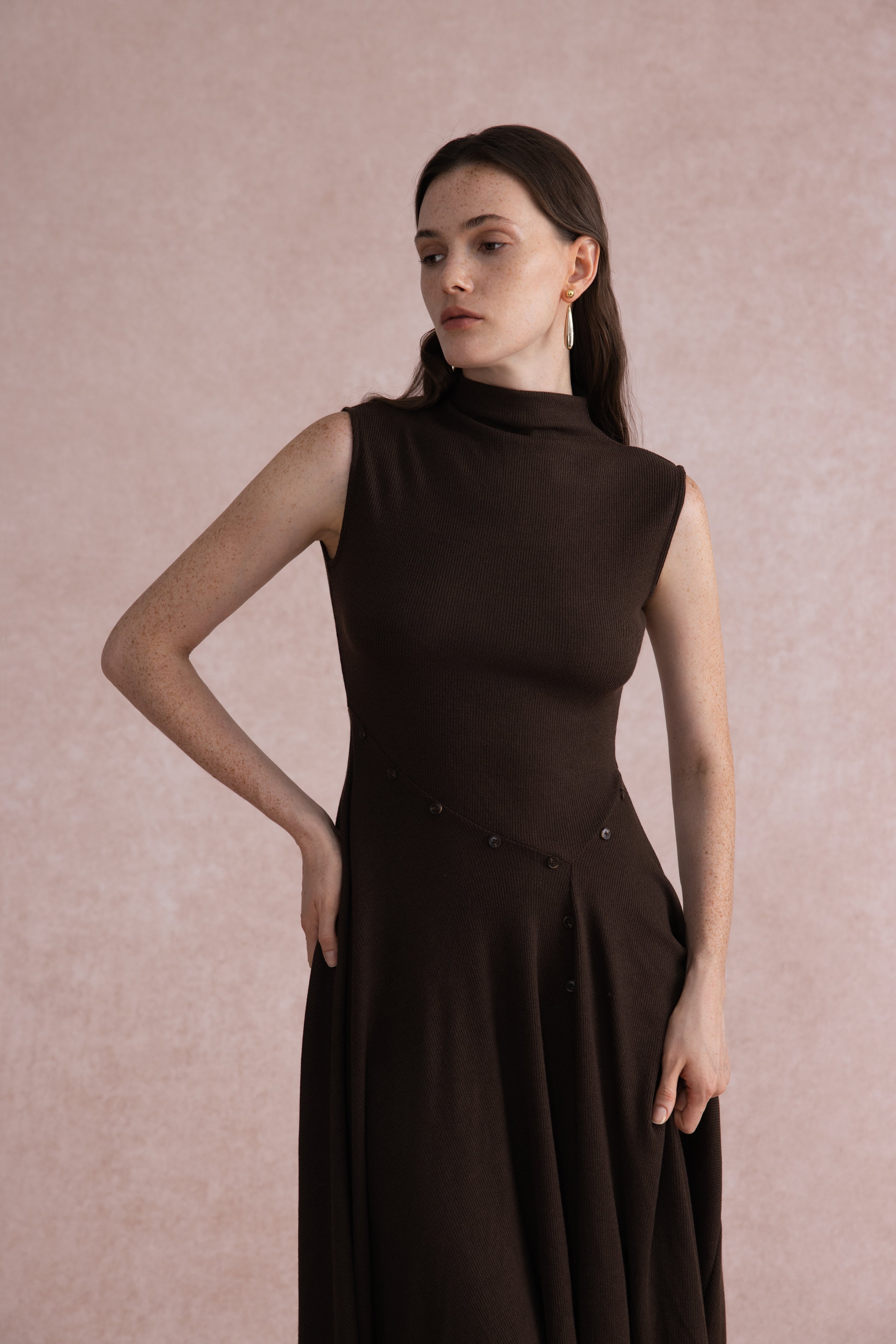Asymmetrical mock-neck wool dress