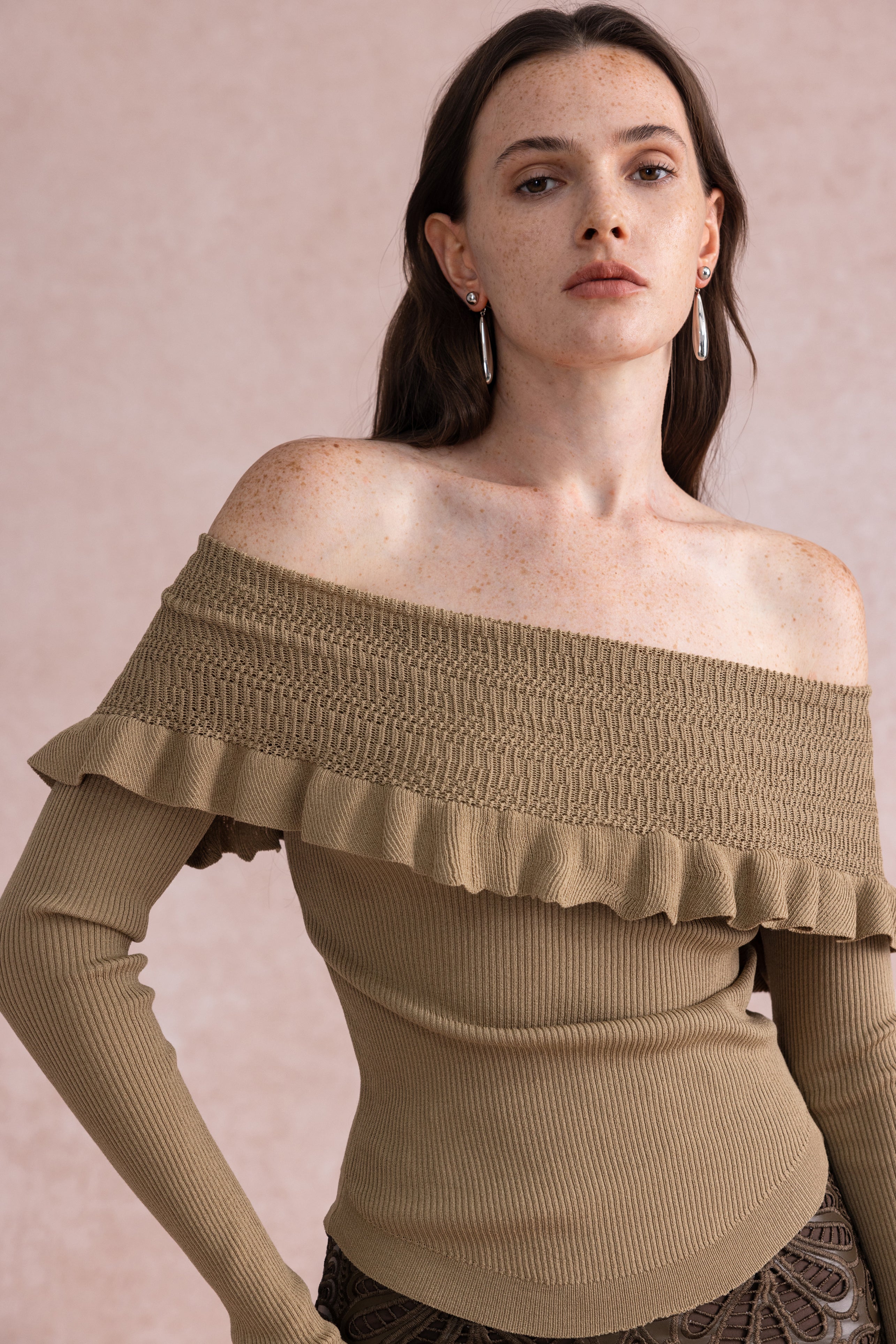 Off shoulder ruffled sweater