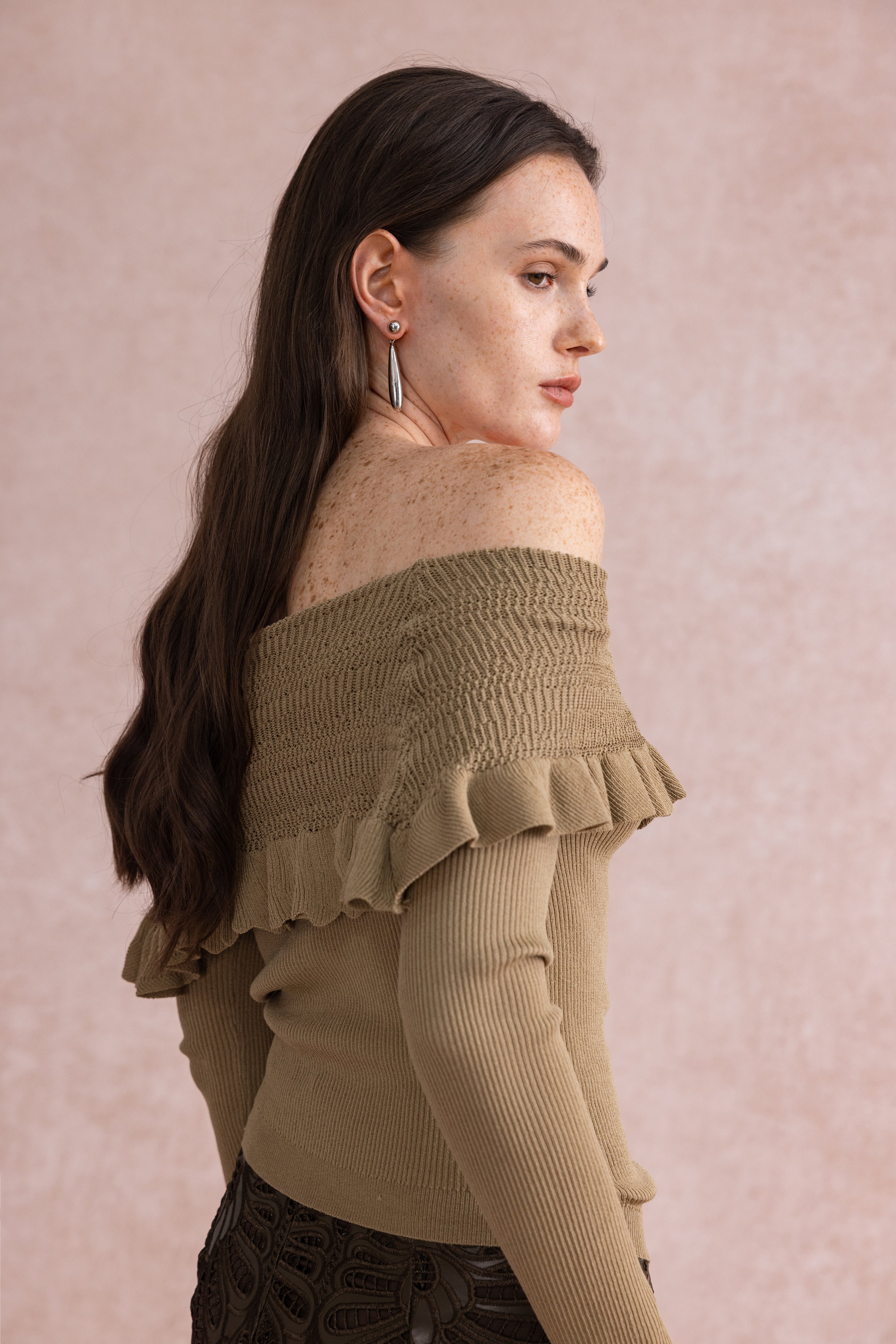 Off shoulder ruffled sweater