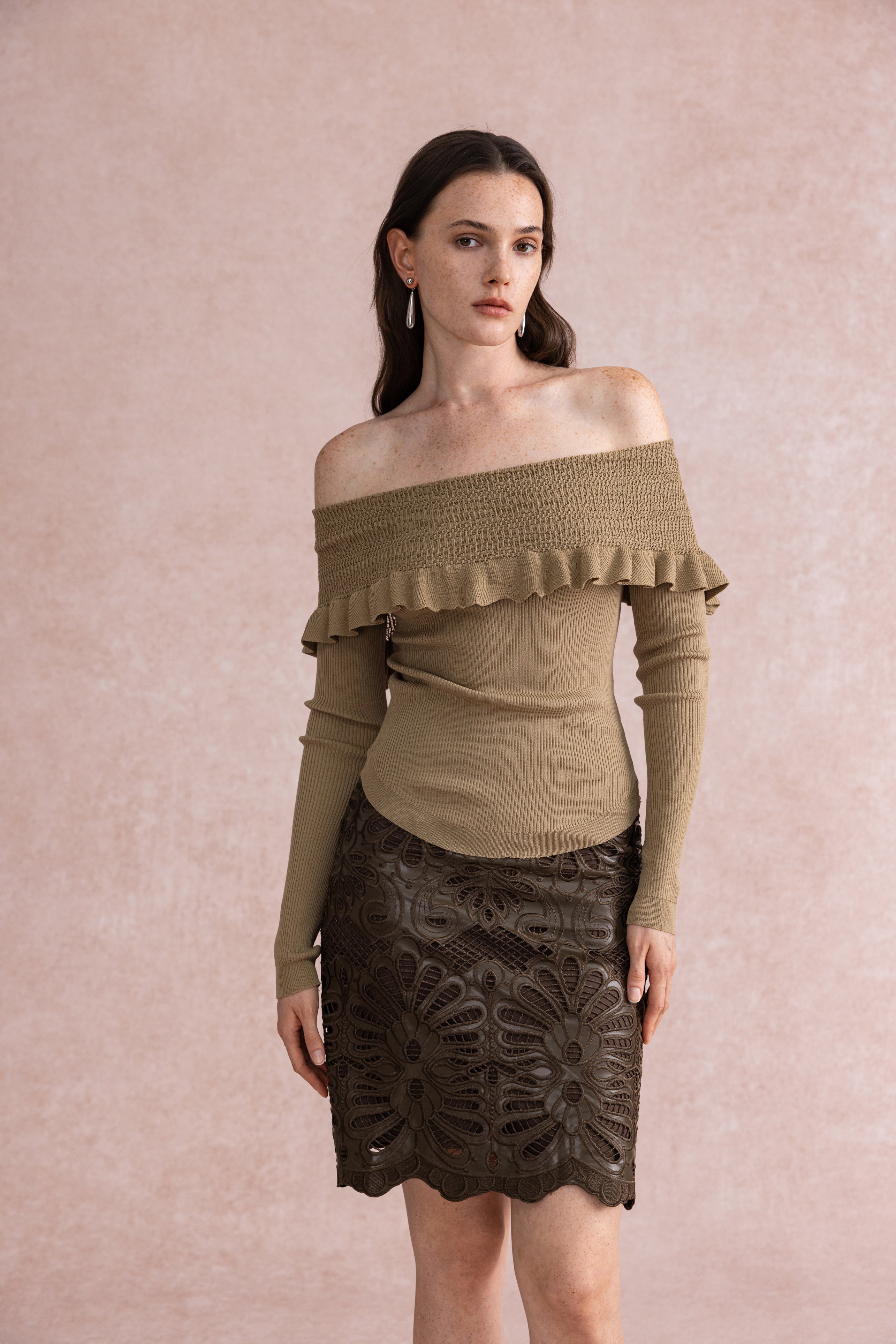 Off shoulder ruffled sweater