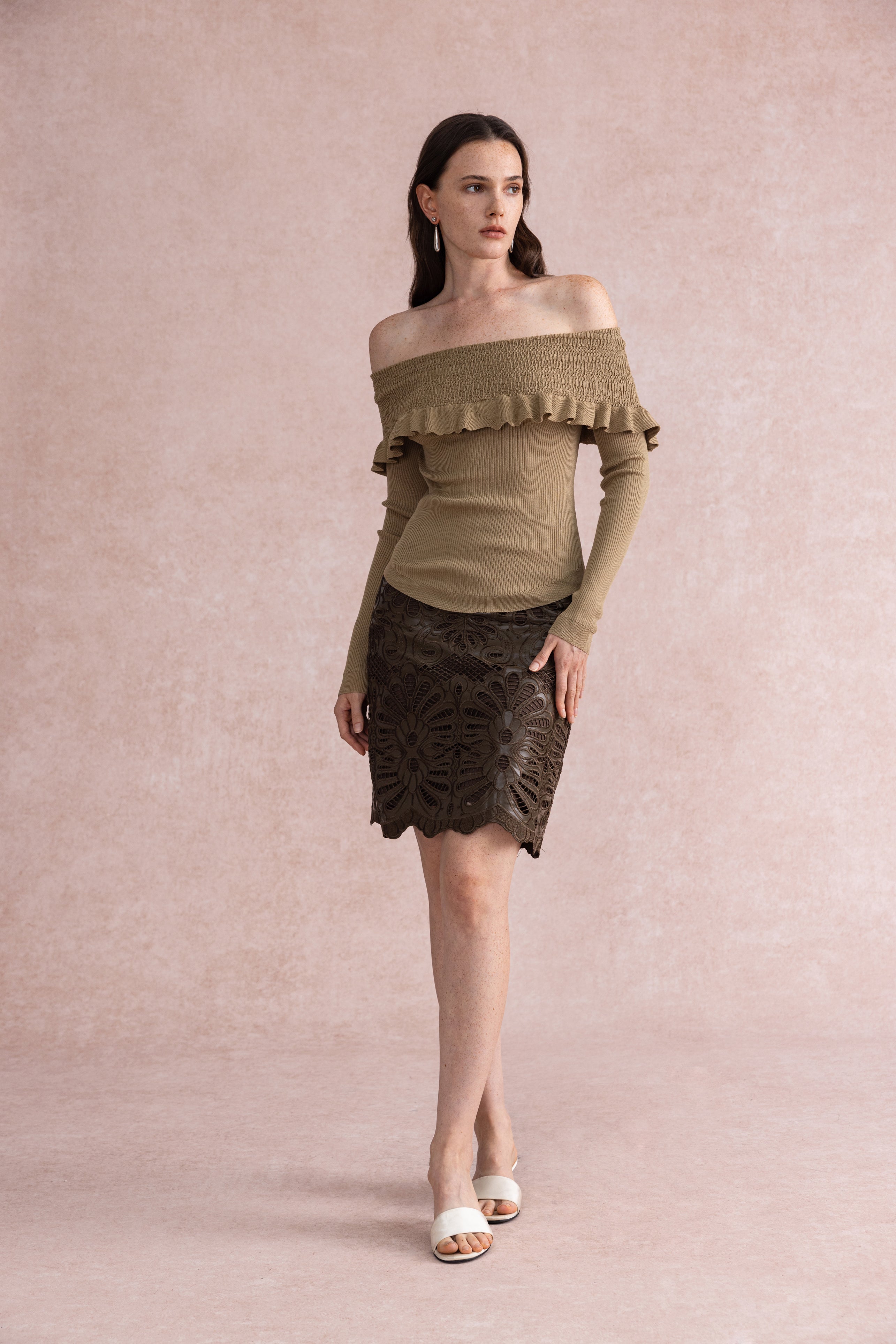 Off shoulder ruffled sweater