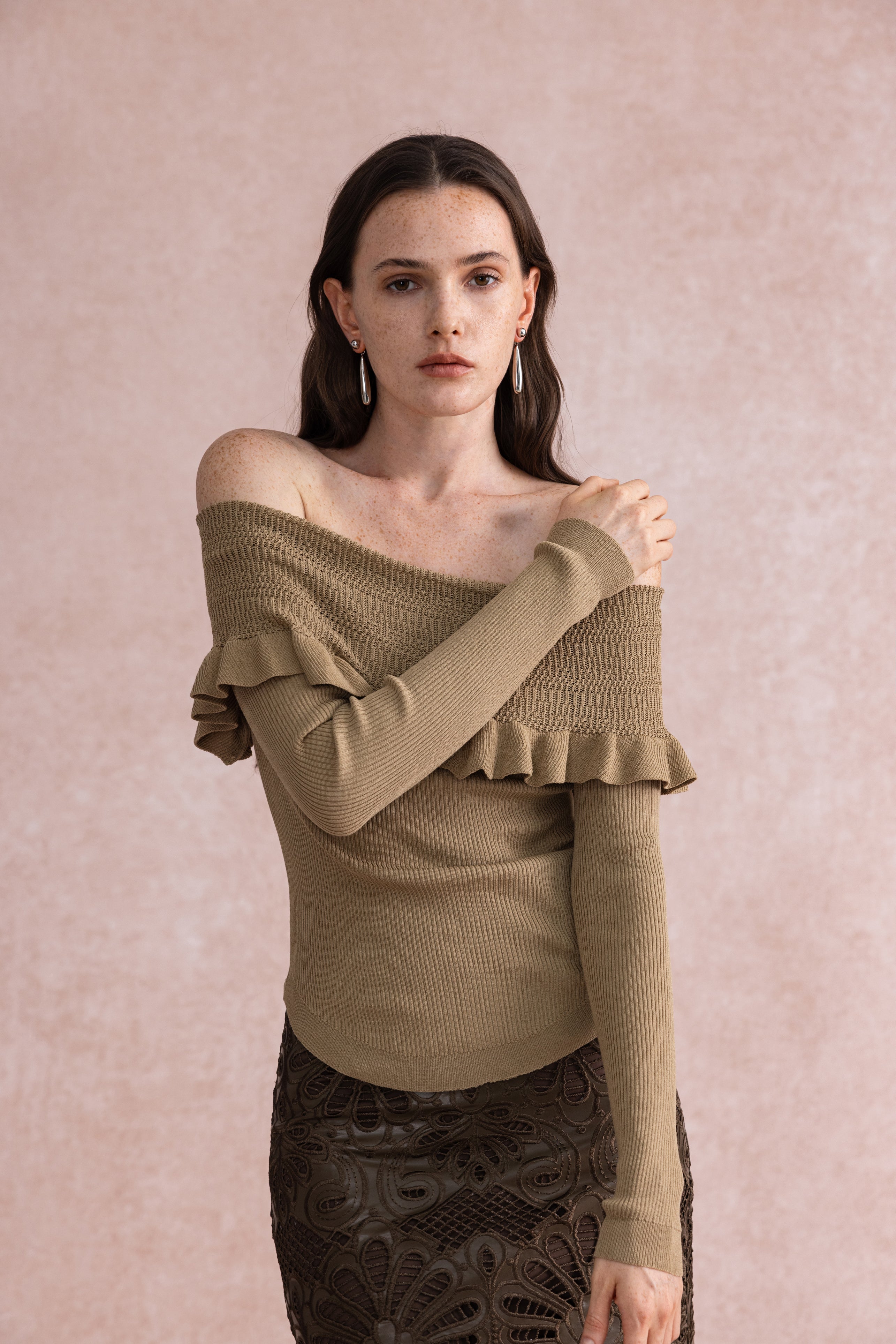 Off shoulder ruffled sweater
