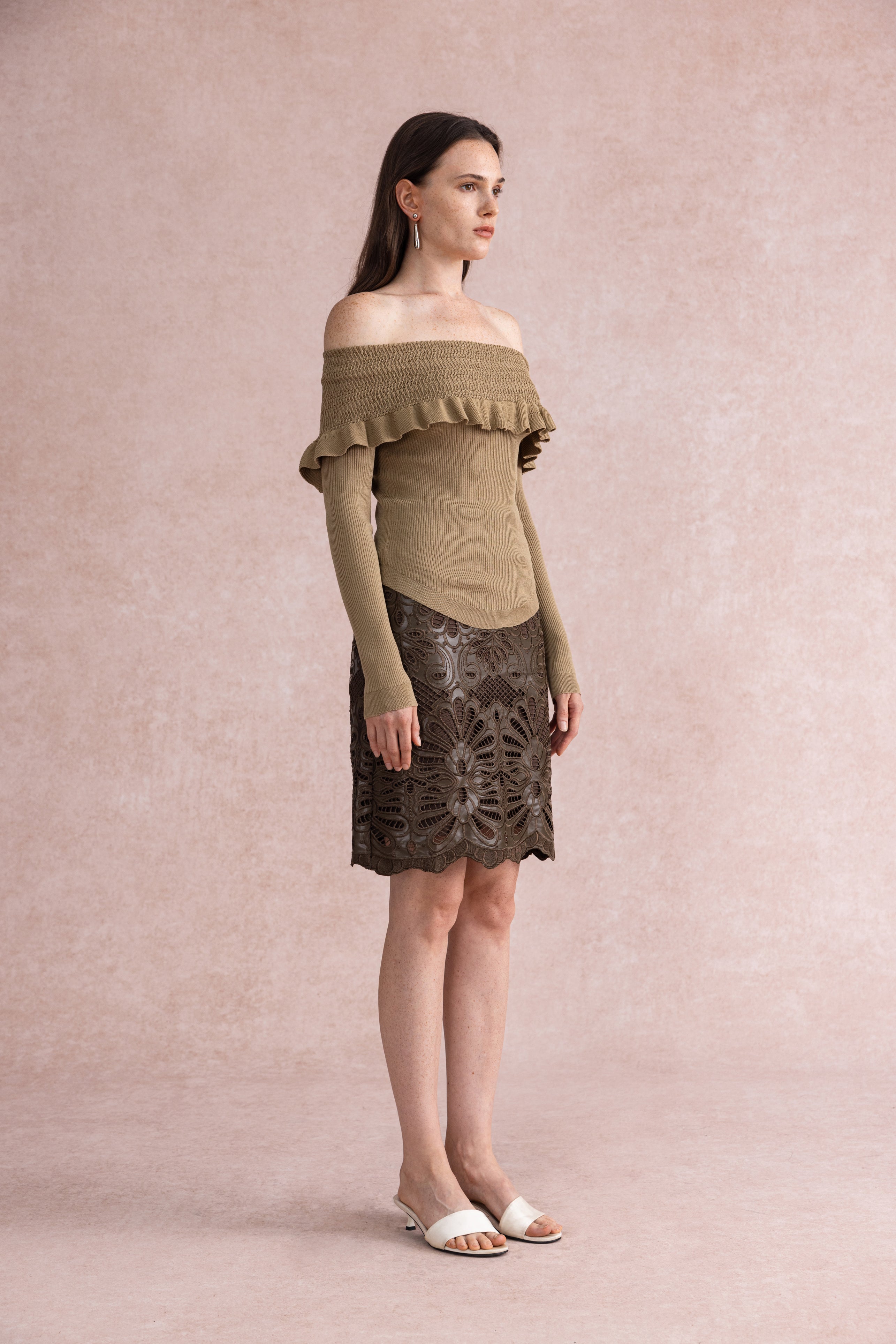 Off shoulder ruffled sweater